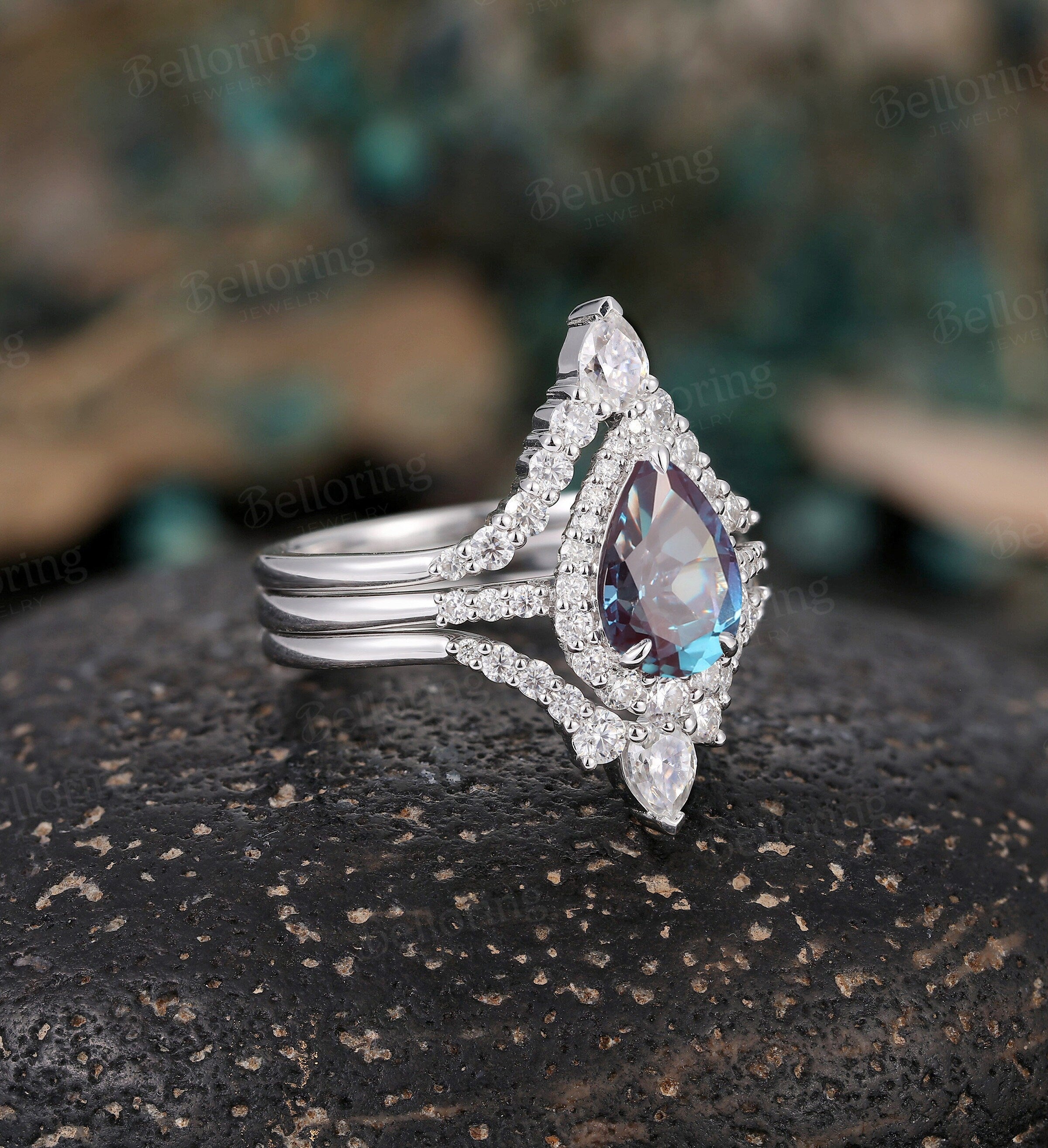 Alexandrite bridal set engagement ring Art deco Diamond ring Vintage Pear cut White gold ring Promise Bridal ring prong set Anniversary ring