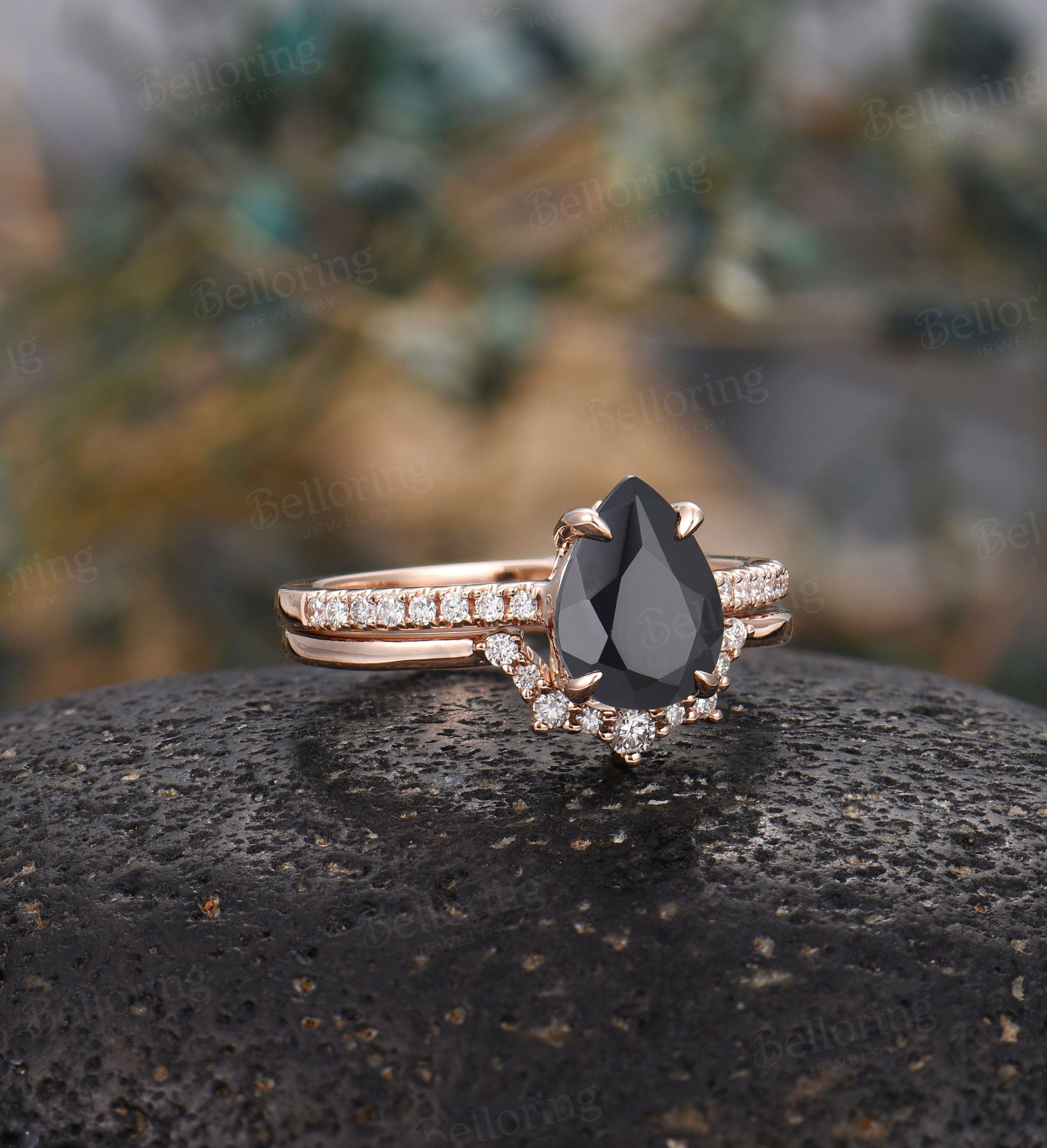 Black Onyx Vintage Bridal set engagement ring Art deco Diamond ring Rose gold wedding band Pear cut  ring Prong set Promise Anniversary ring