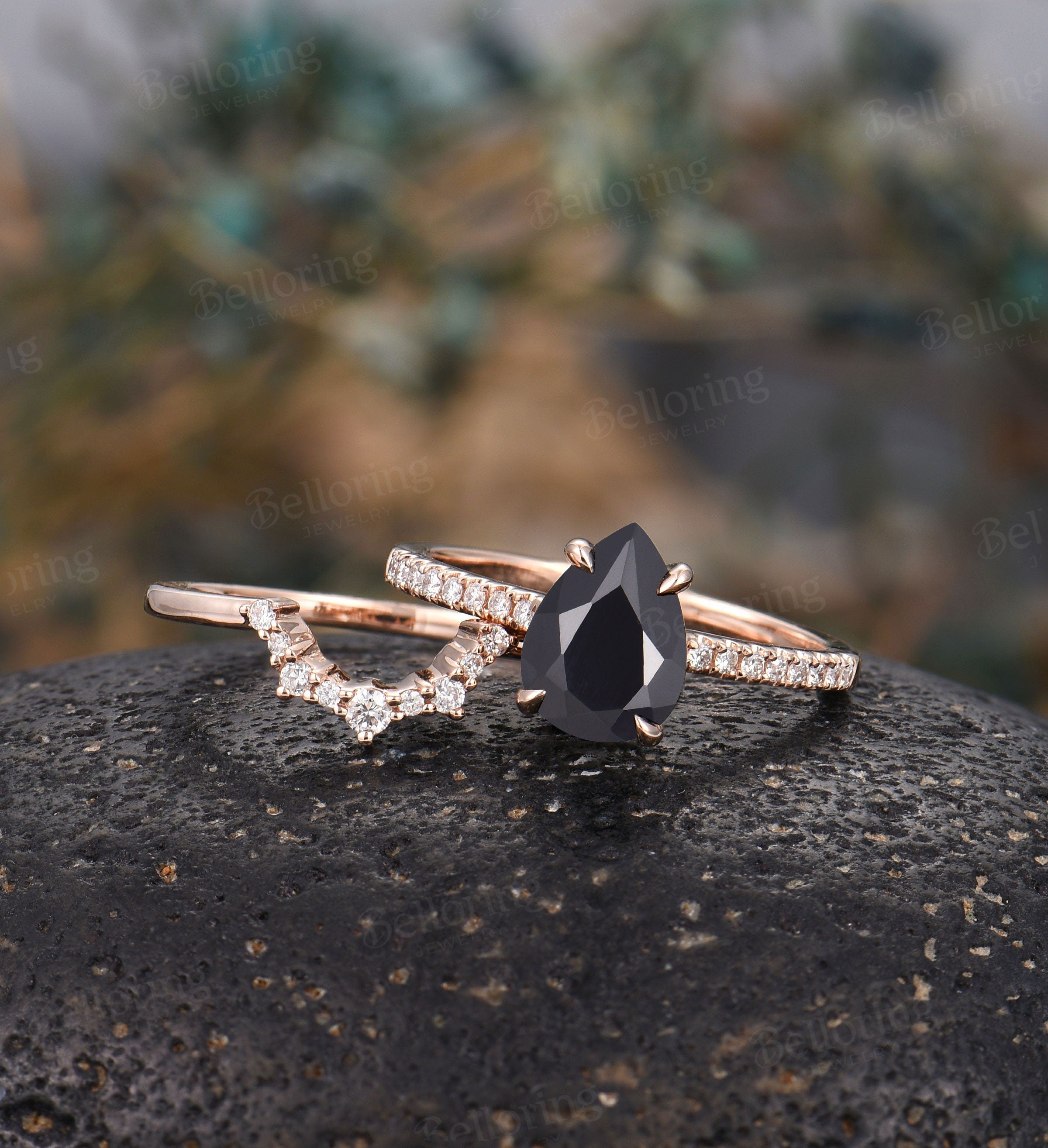 Black Onyx Vintage Bridal set engagement ring Art deco Diamond ring Rose gold wedding band Pear cut  ring Prong set Promise Anniversary ring