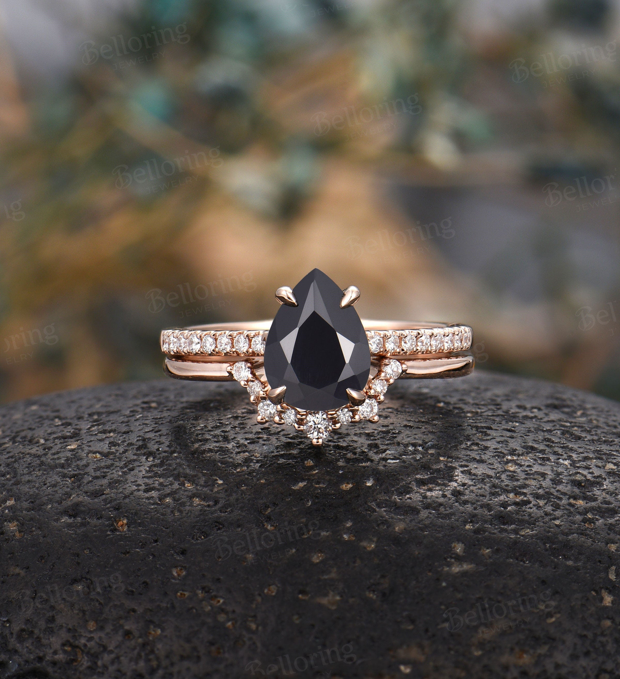 Black Onyx Vintage Bridal set engagement ring Art deco Diamond ring Rose gold wedding band Pear cut  ring Prong set Promise Anniversary ring