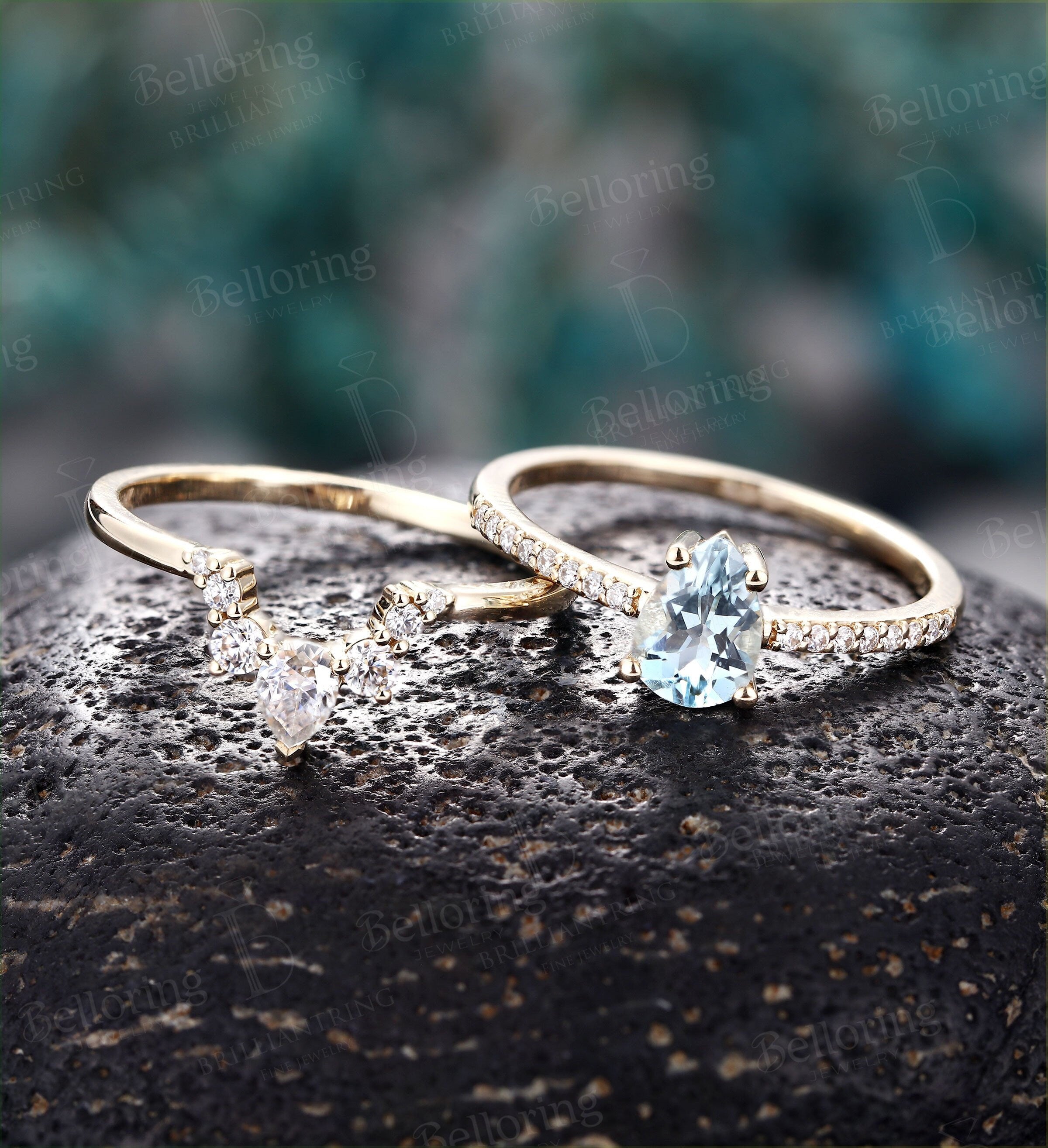 Aquamarine engagement ring set yellow gold ring set pear cut ring set vintage diamond Half eternity Wedding band Anniversary ring set