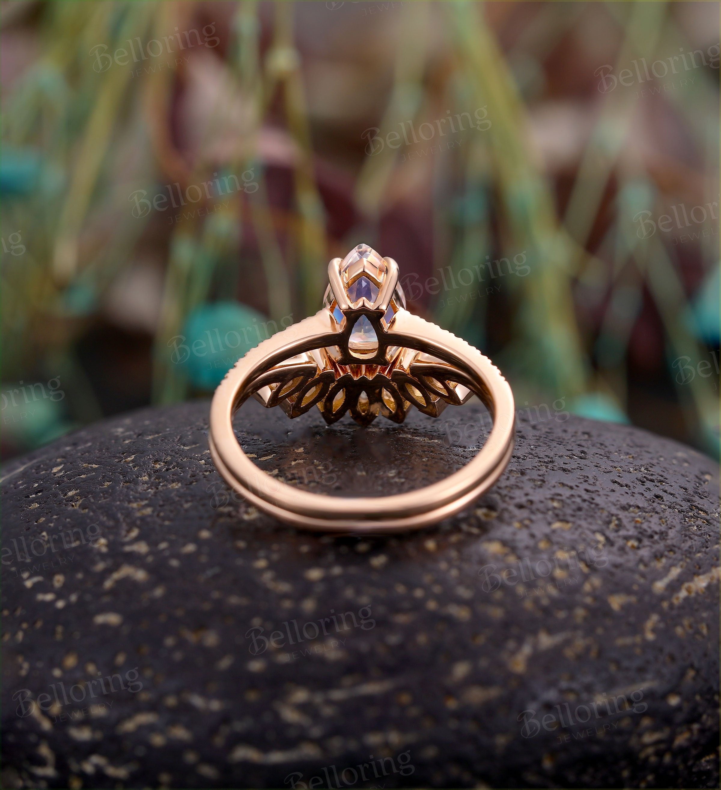 Moonstone engagement ring for , Marquise cut moonstone wedding band,Vintage rose gold wedding set,Art deco Jewelry unique gift