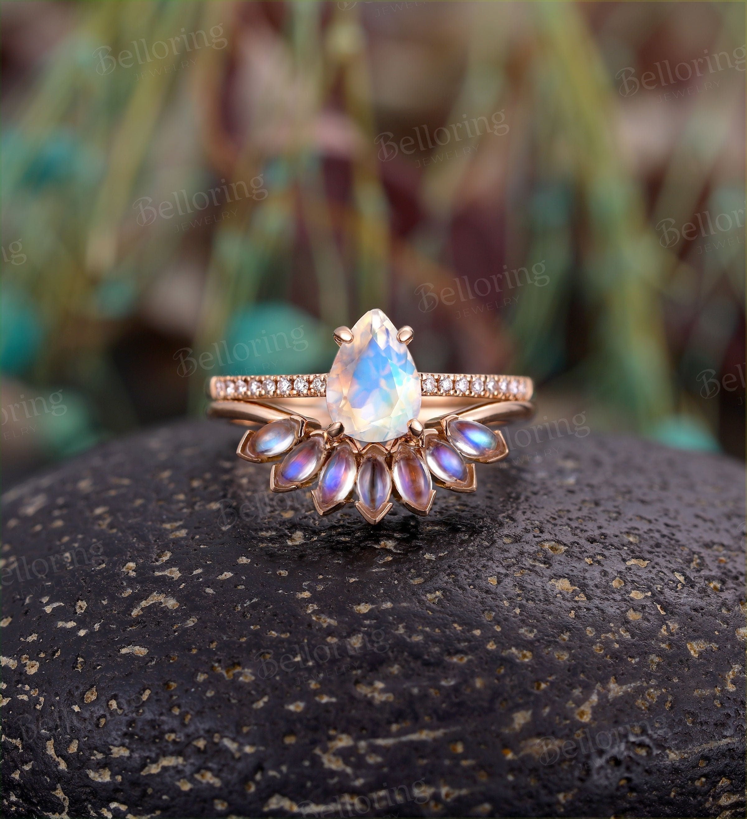 Moonstone engagement ring for , Marquise cut moonstone wedding band,Vintage rose gold wedding set,Art deco Jewelry unique gift