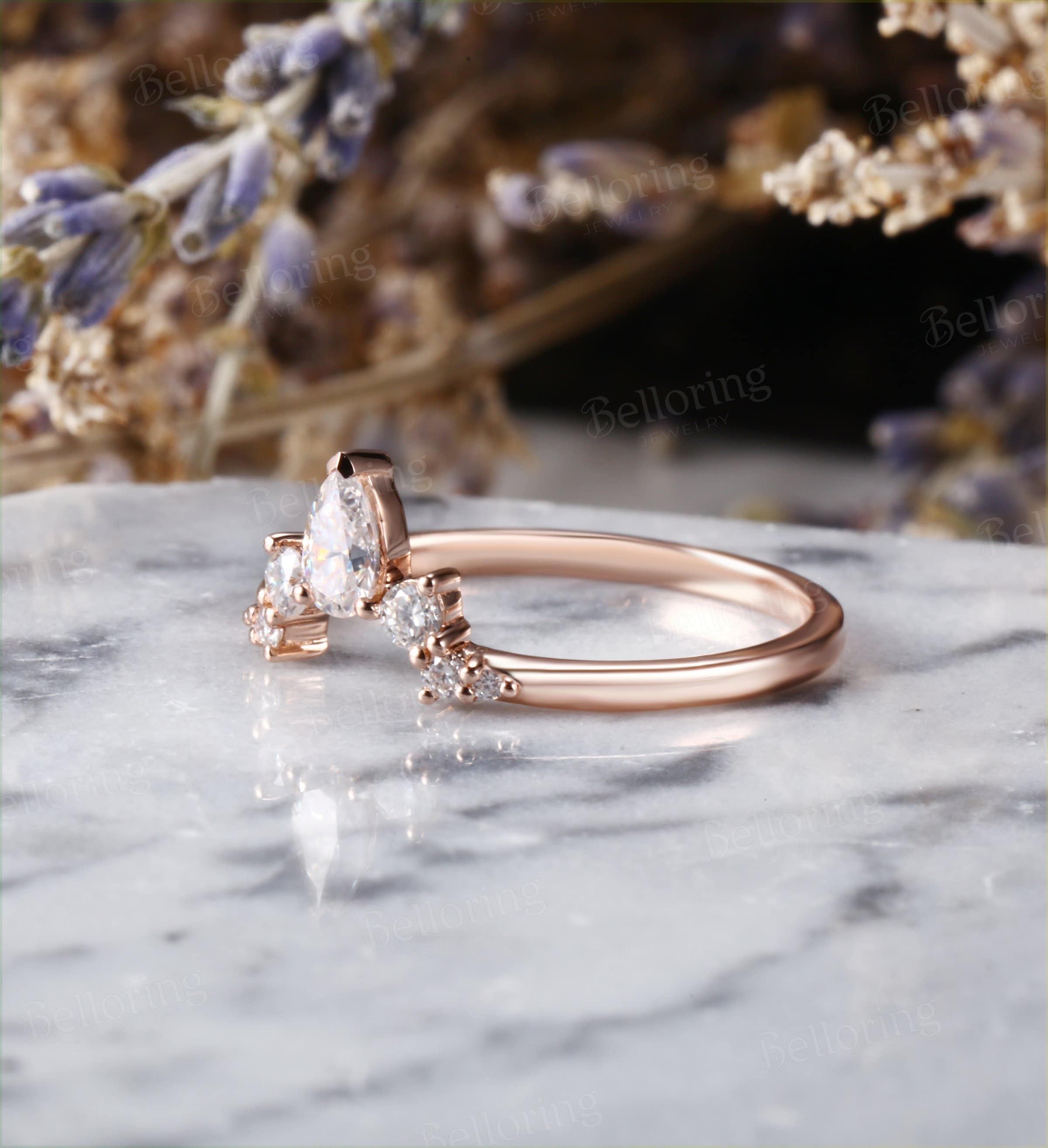 Moissanite Curved wedding band woman rose gold ring Vintage Bridal Set Jewelry Antique Solid 14K Matching Promise Anniversary Gift for her