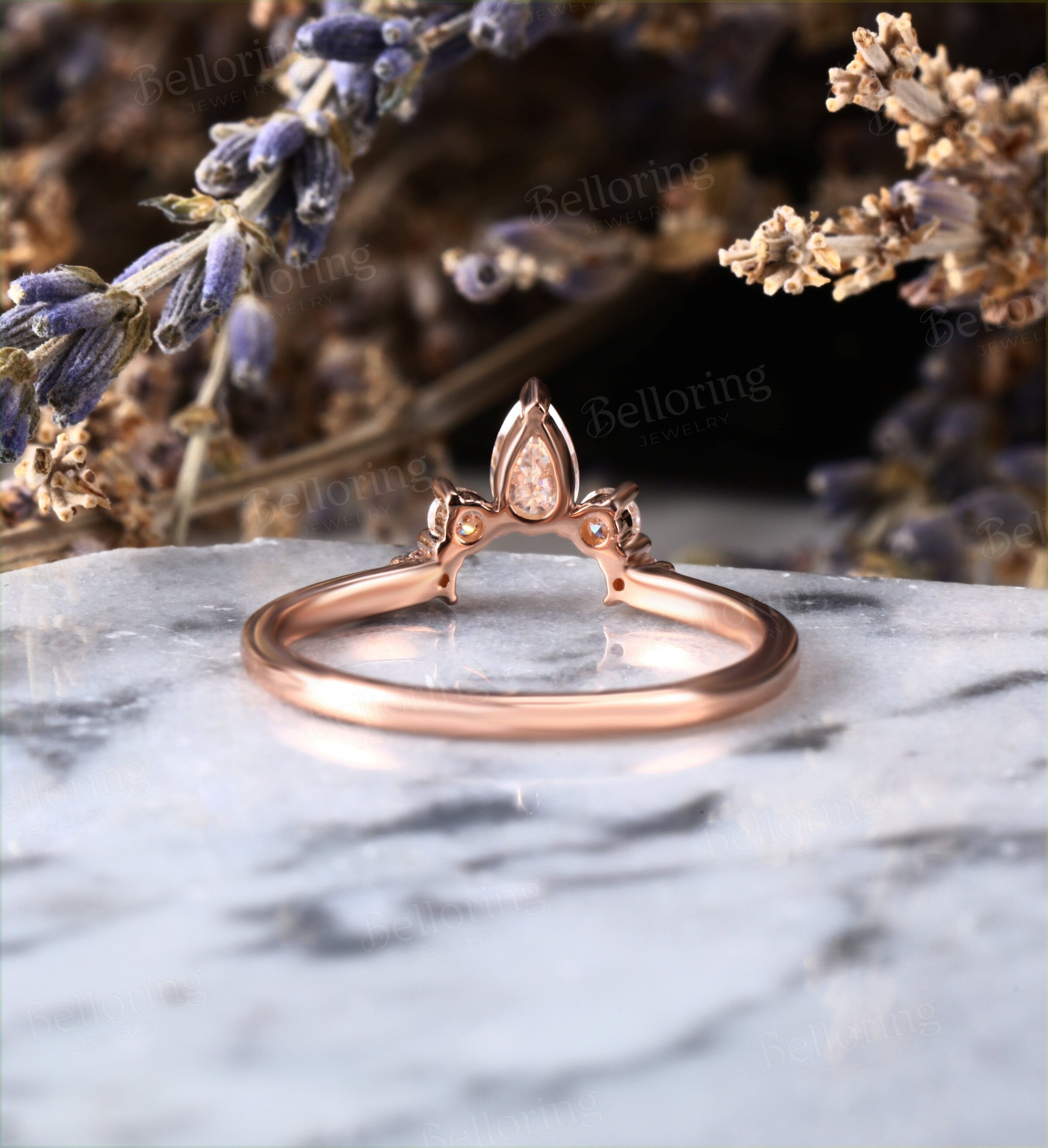 Moissanite Curved wedding band woman rose gold ring Vintage Bridal Set Jewelry Antique Solid 14K Matching Promise Anniversary Gift for her