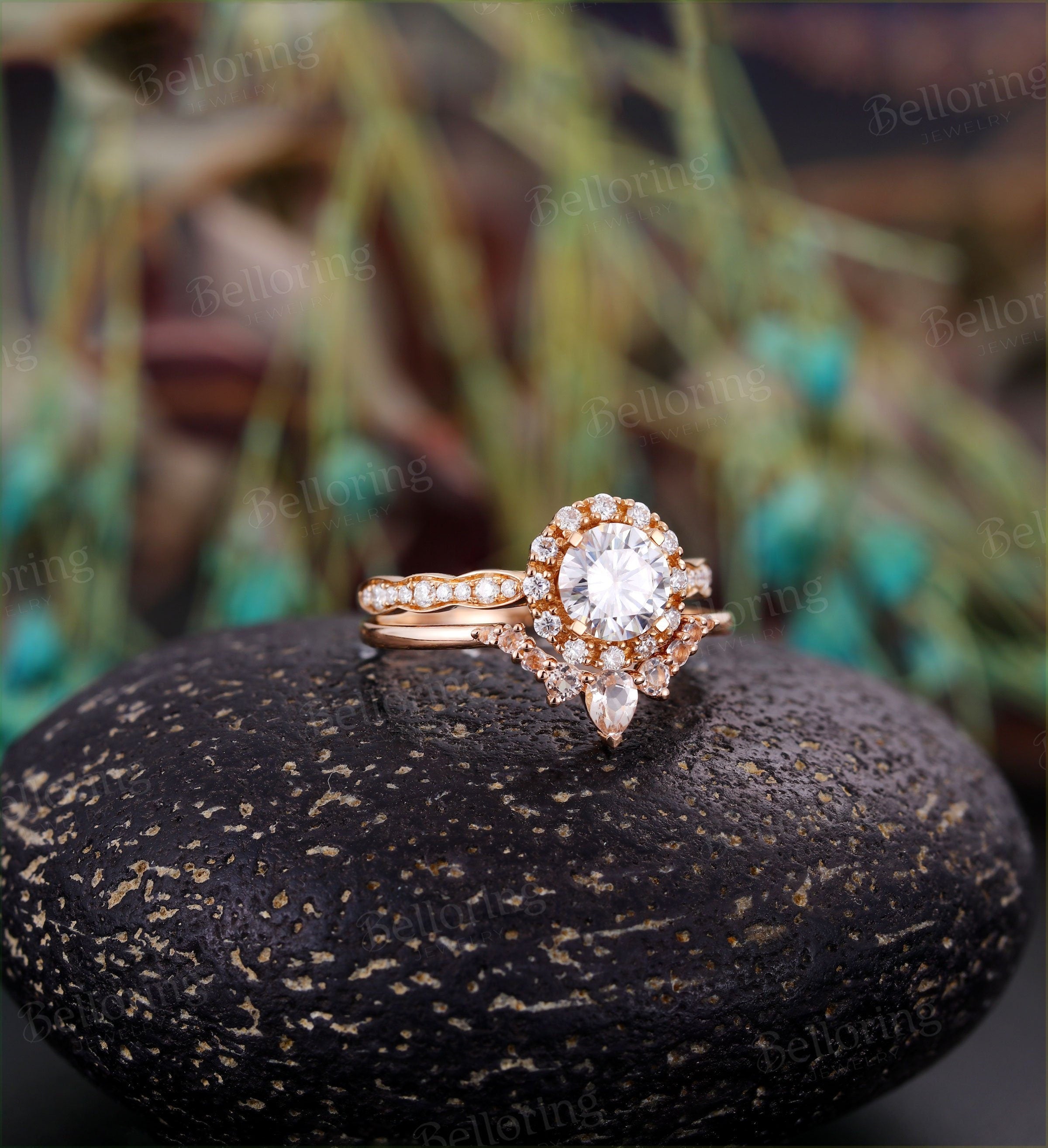 Moissanite engagement ring set vintage halo Half eternity Morganite curved Wedding  unique antique Jewelry Anniversary wedding ring