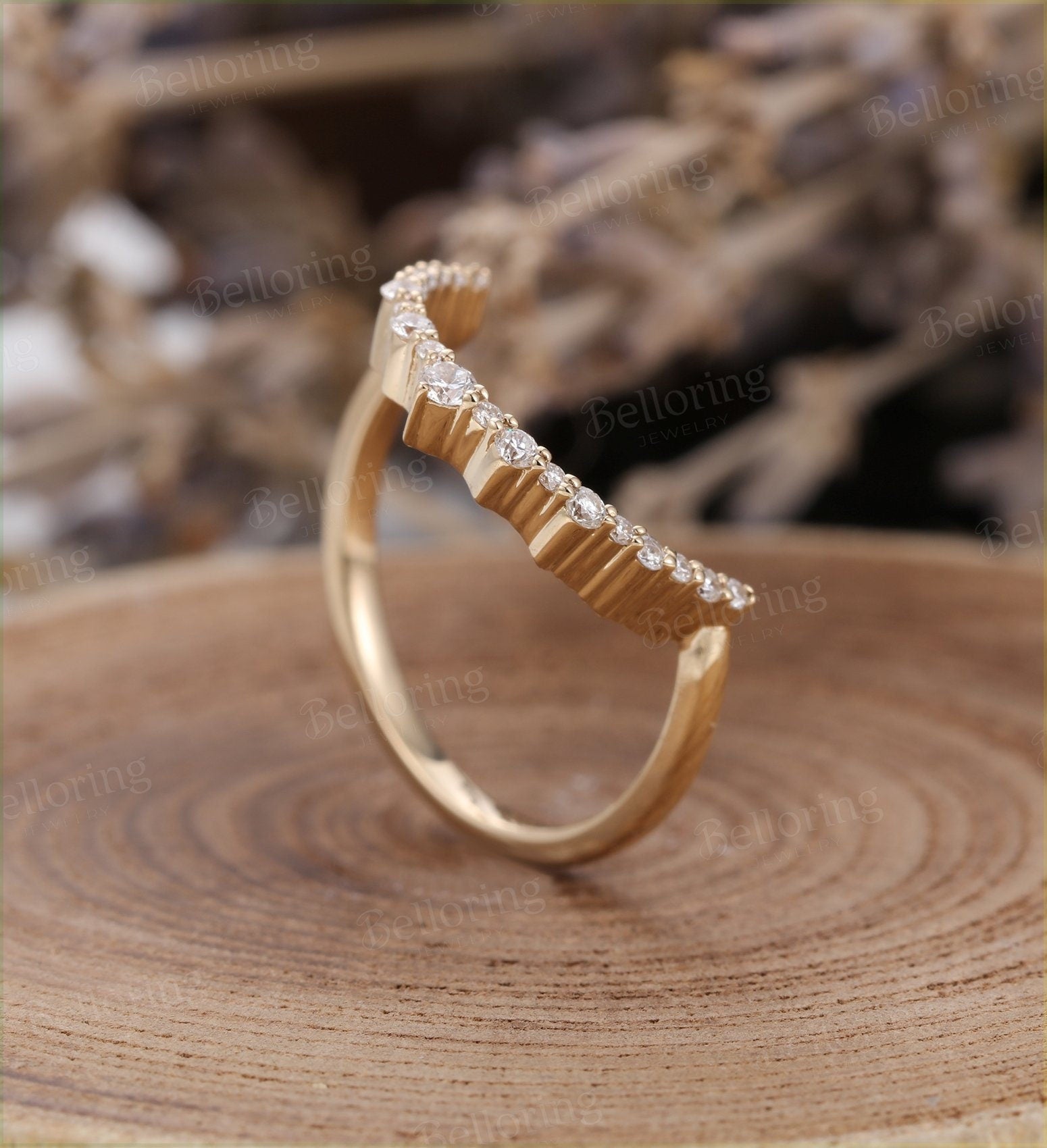 Diamond Curved wedding band yellow gold ring Vintage Bridal Set unique antique  Jewelry Antique Matching Promise Anniversary Gift for