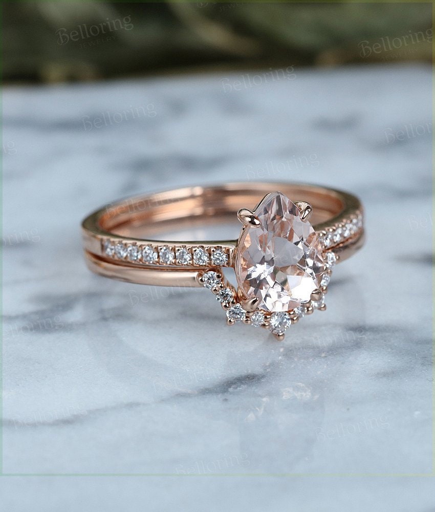 Morganite engagement ring set Rose gold pear cut vintage Moissanite Half eternity  Jewelry curved band Anniversary wedding ring