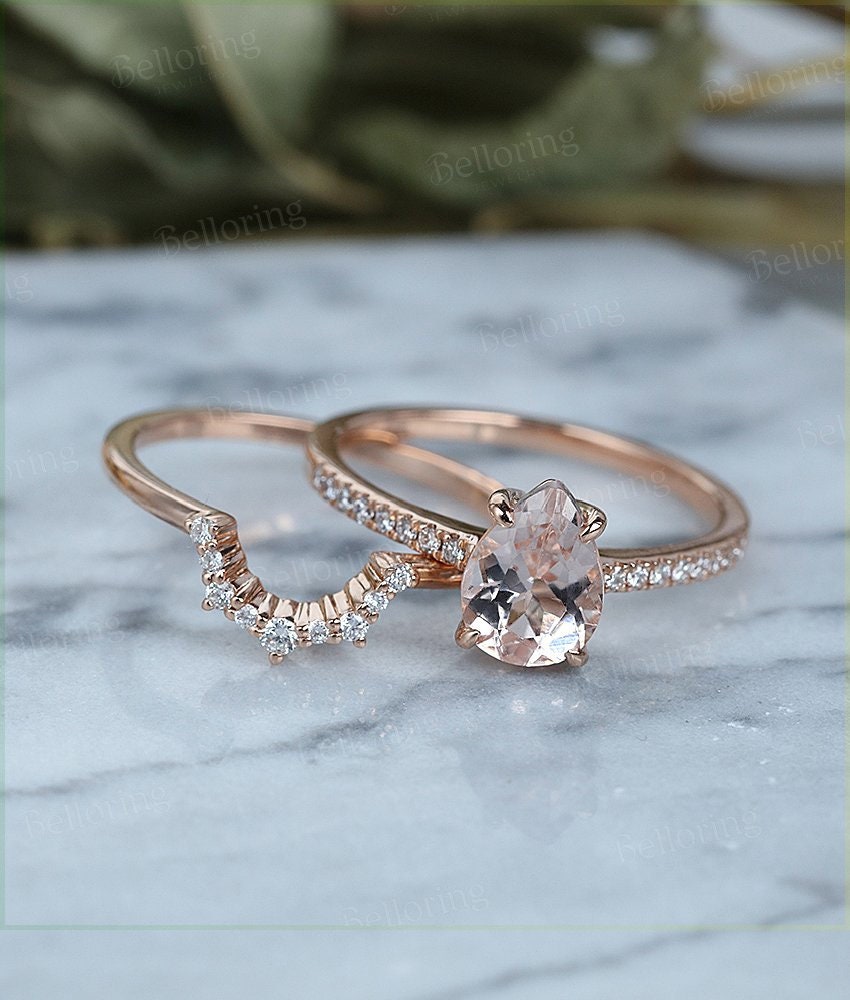 Morganite engagement ring set Rose gold pear cut vintage Moissanite Half eternity  Jewelry curved band Anniversary wedding ring