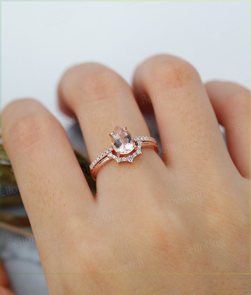 Morganite engagement ring set Rose gold pear cut vintage Moissanite Half eternity  Jewelry curved band Anniversary wedding ring