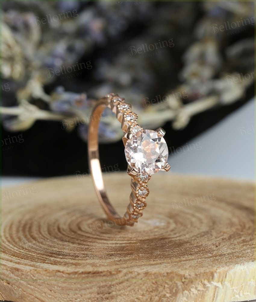 Morganite engagement ring 14k rose gold round cut vintage Halo diamond Half eternity Wedding  Bridal Jewelry Anniversary wedding ring