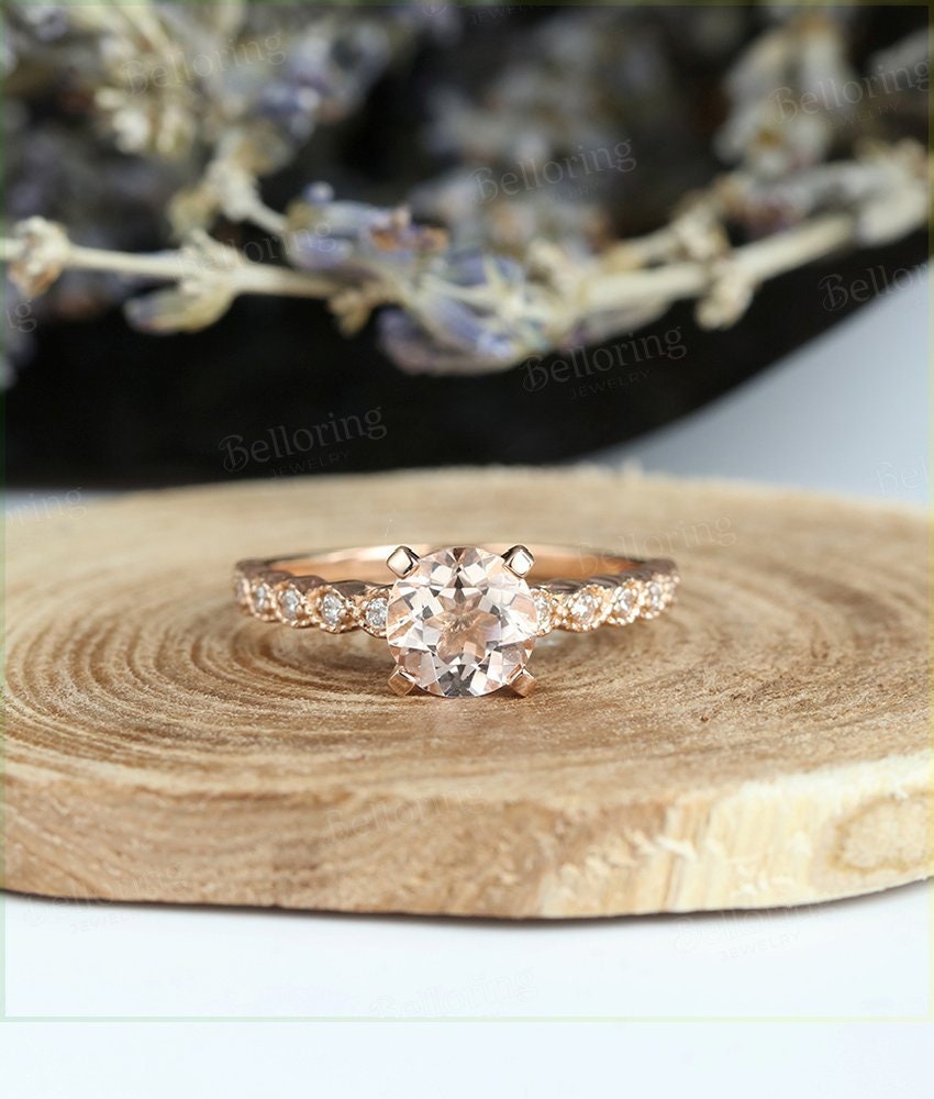 Morganite engagement ring 14k rose gold round cut vintage Halo diamond Half eternity Wedding  Bridal Jewelry Anniversary wedding ring