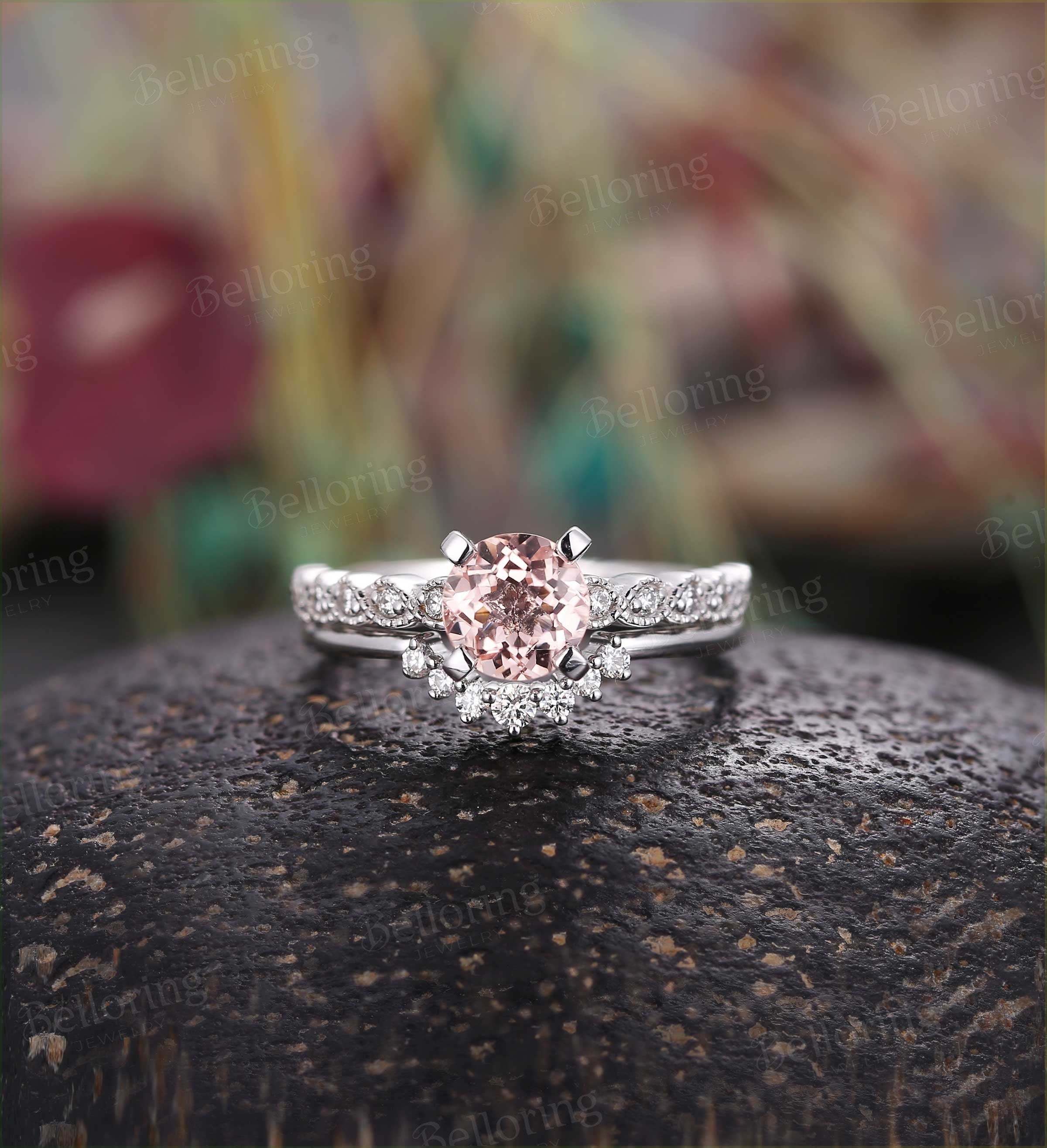 Morganite engagement ring set  14k white gold vintage milgrain prong set moissanite Wedding  Jewelry Anniversary wedding ring