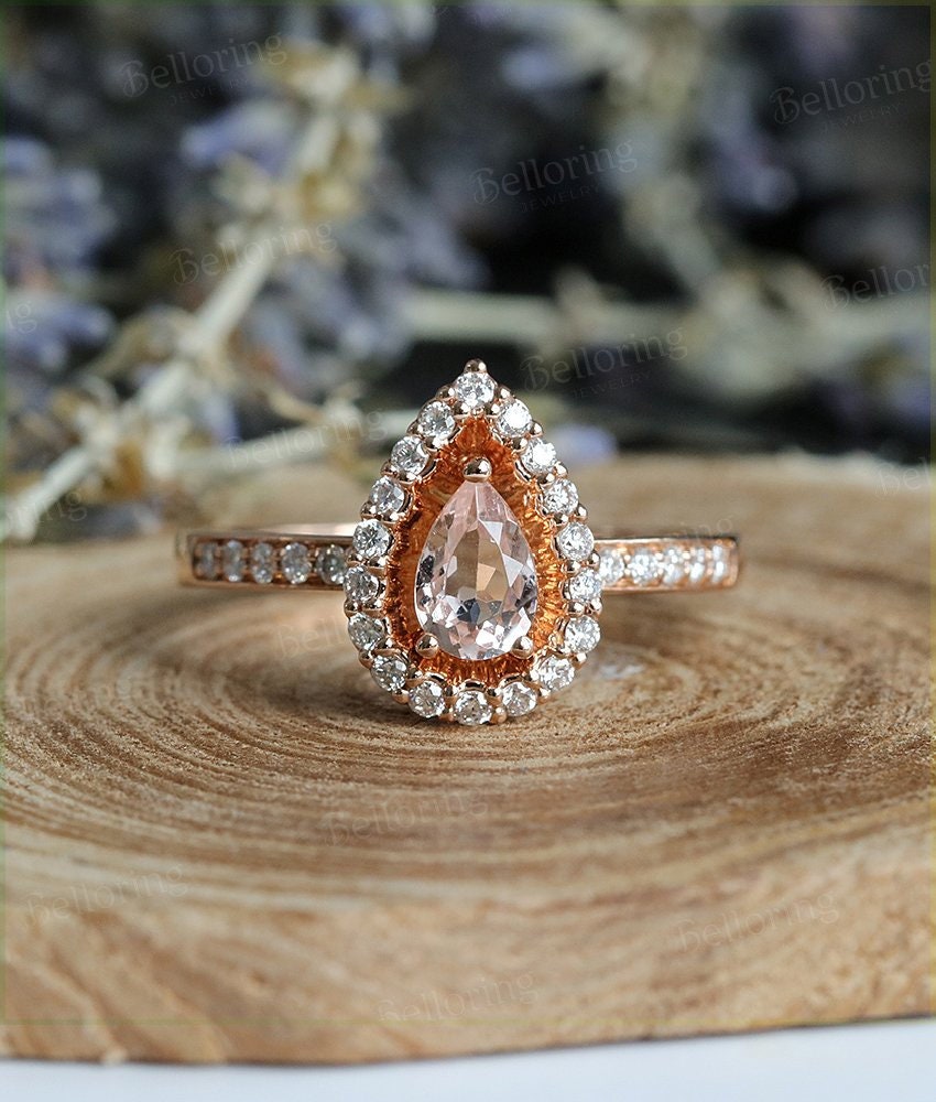 Morganite engagement ring 14k Rose gold pear cut vintage Halo diamond Half eternity Wedding  Bridal Jewelry  Anniversary wedding ring