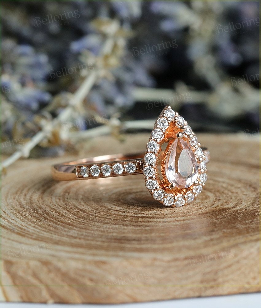 Morganite engagement ring 14k Rose gold pear cut vintage Halo diamond Half eternity Wedding  Bridal Jewelry  Anniversary wedding ring