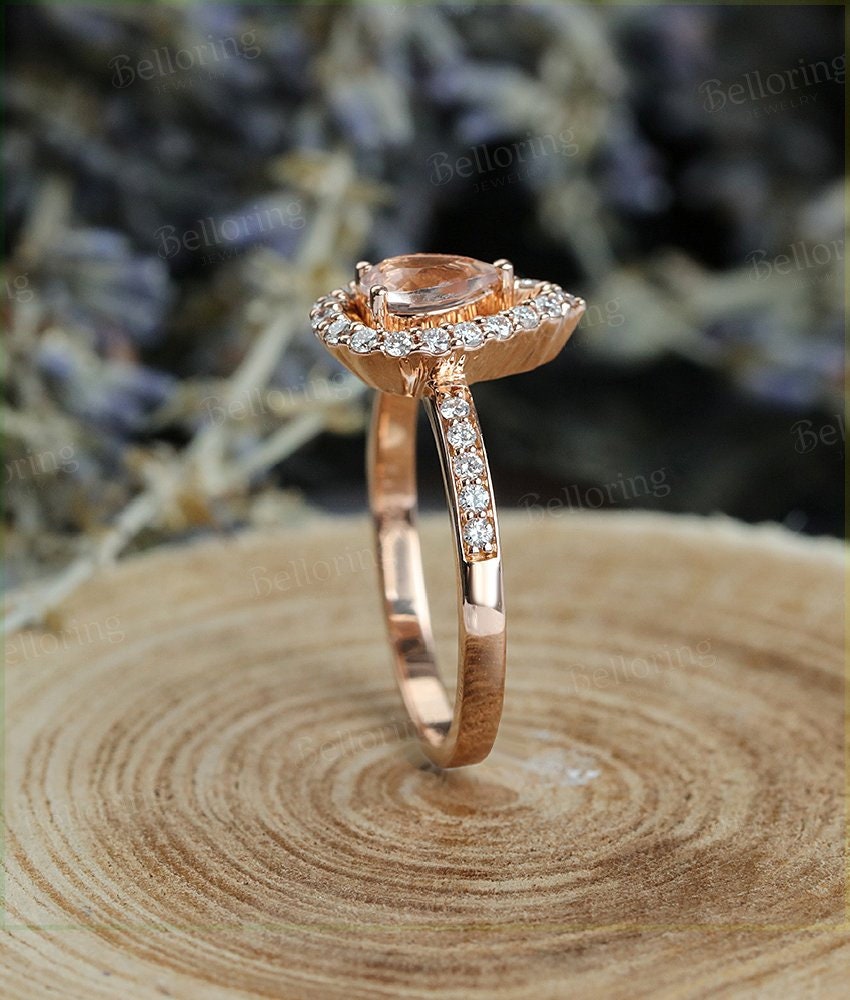 Morganite engagement ring 14k Rose gold pear cut vintage Halo diamond Half eternity Wedding  Bridal Jewelry  Anniversary wedding ring