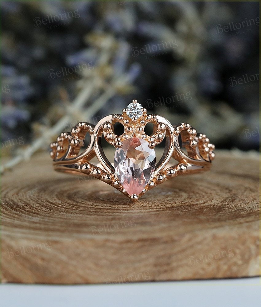 Morganite engagement ring 14k Rose gold pear cut vintage diamond Half eternity Wedding  Bridal Jewelry  Anniversary wedding ring