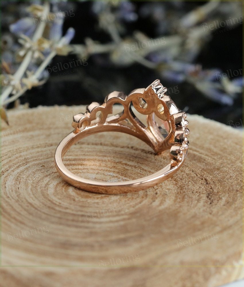 Morganite engagement ring 14k Rose gold pear cut vintage diamond Half eternity Wedding  Bridal Jewelry  Anniversary wedding ring