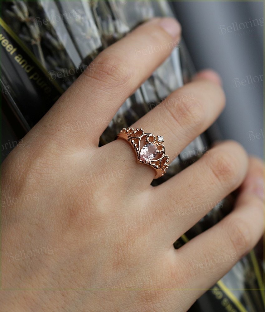 Morganite engagement ring 14k Rose gold pear cut vintage diamond Half eternity Wedding  Bridal Jewelry  Anniversary wedding ring