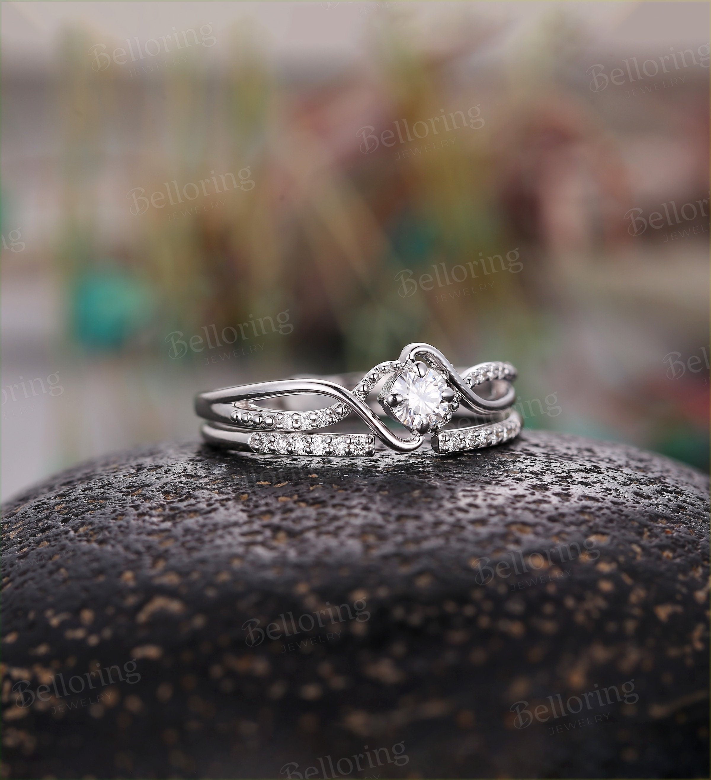 Moissanite engagement ring set Vintage white gold Unique wedding set for  Art deco Jewelry promise Anniversary wedding ring