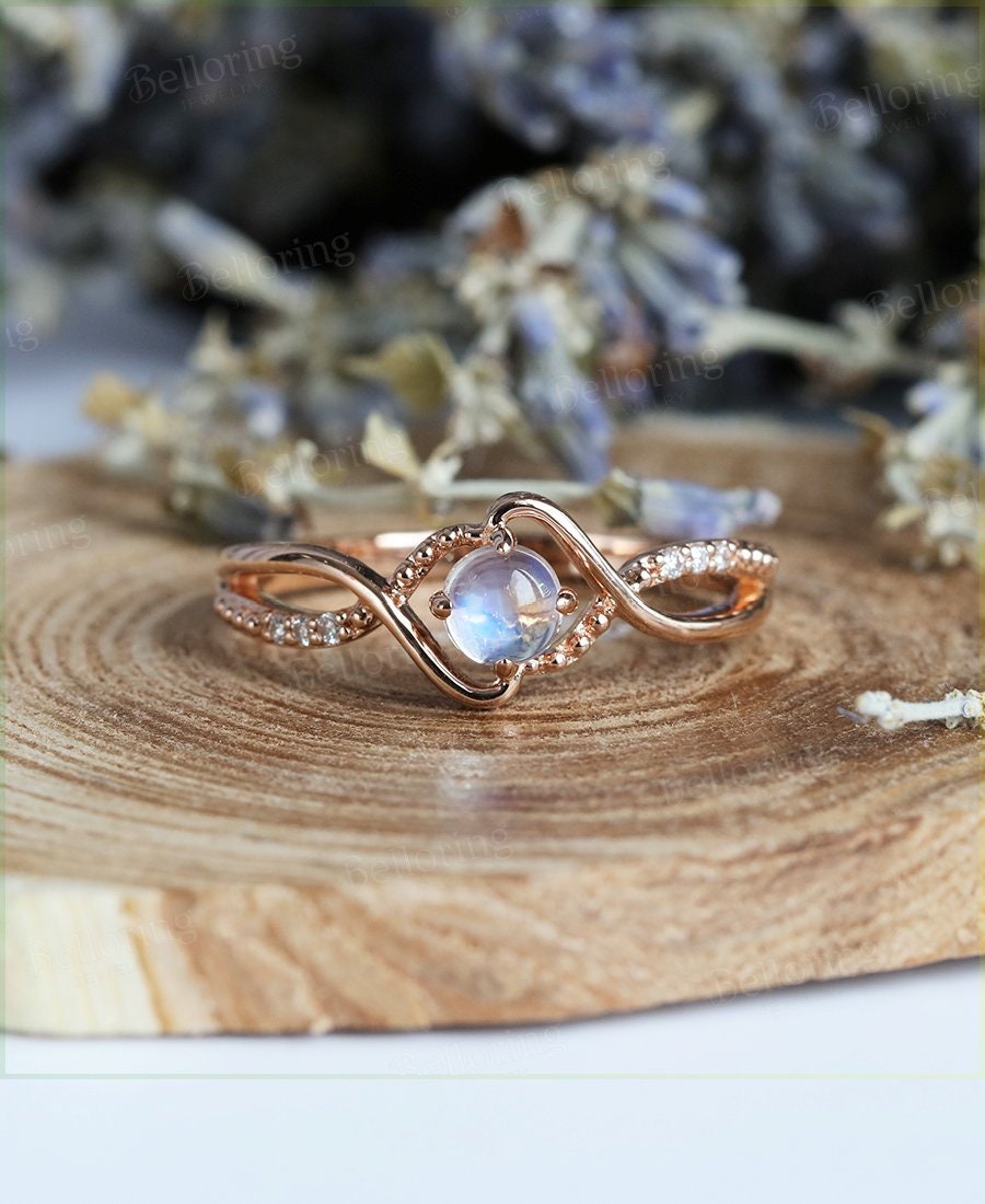 Moonstone engagement ring Vintage diamond rose gold Unique wedding ring for  Art deco Jewelry birthstone Anniversary wedding ring