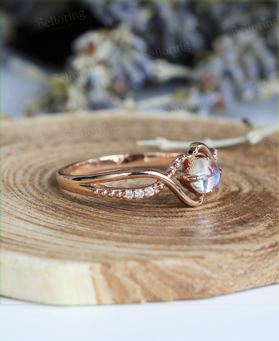 Moonstone engagement ring Vintage diamond rose gold Unique wedding ring for  Art deco Jewelry birthstone Anniversary wedding ring