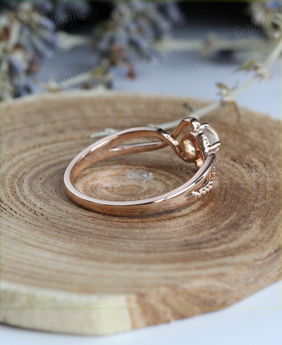 Moonstone engagement ring Vintage diamond rose gold Unique wedding ring for  Art deco Jewelry birthstone Anniversary wedding ring