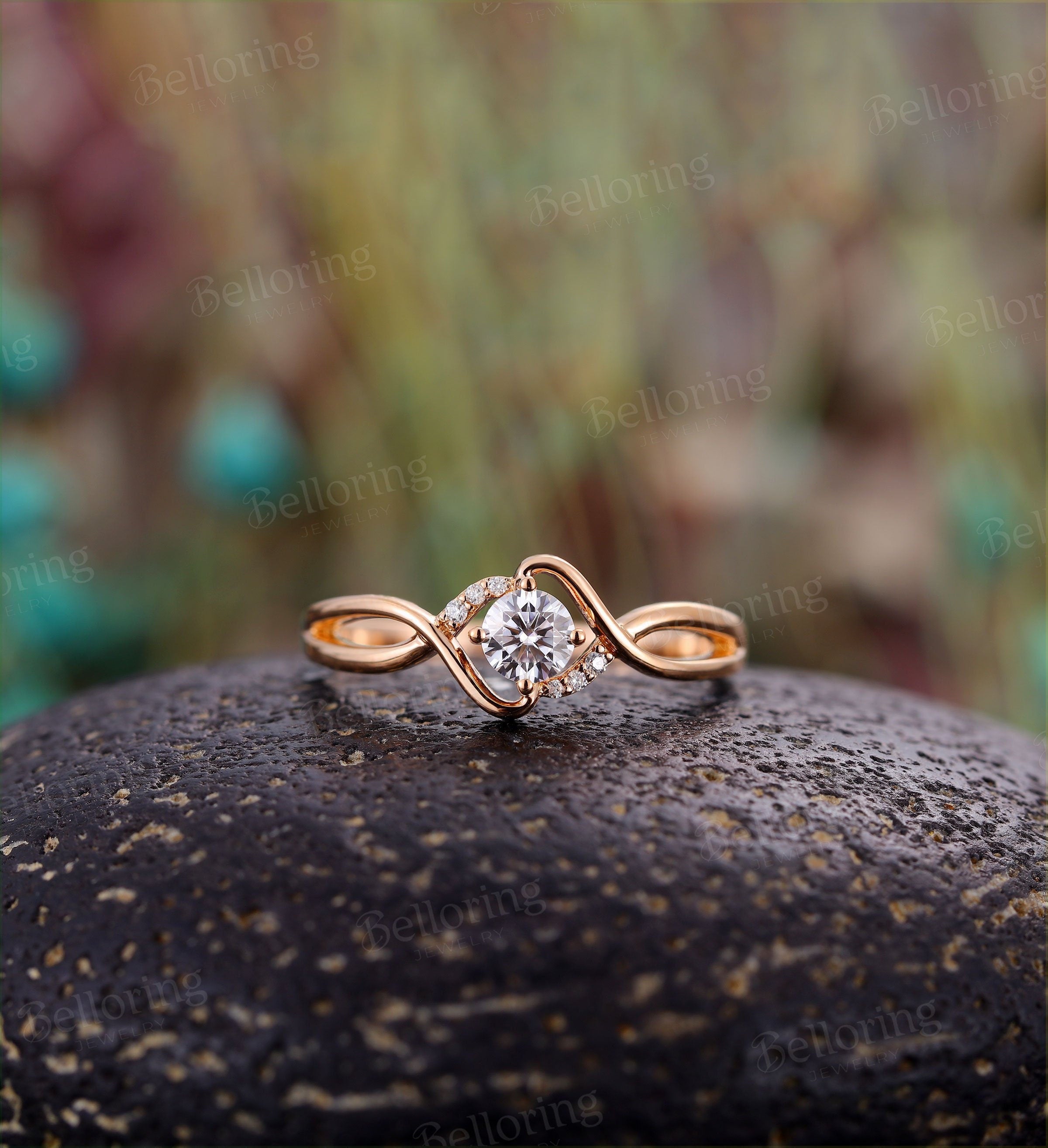 Moissanite engagement ring Vintage art deco diamond rose gold Unique wedding infinity ring Jewelry birthstone Anniversary wedding ring
