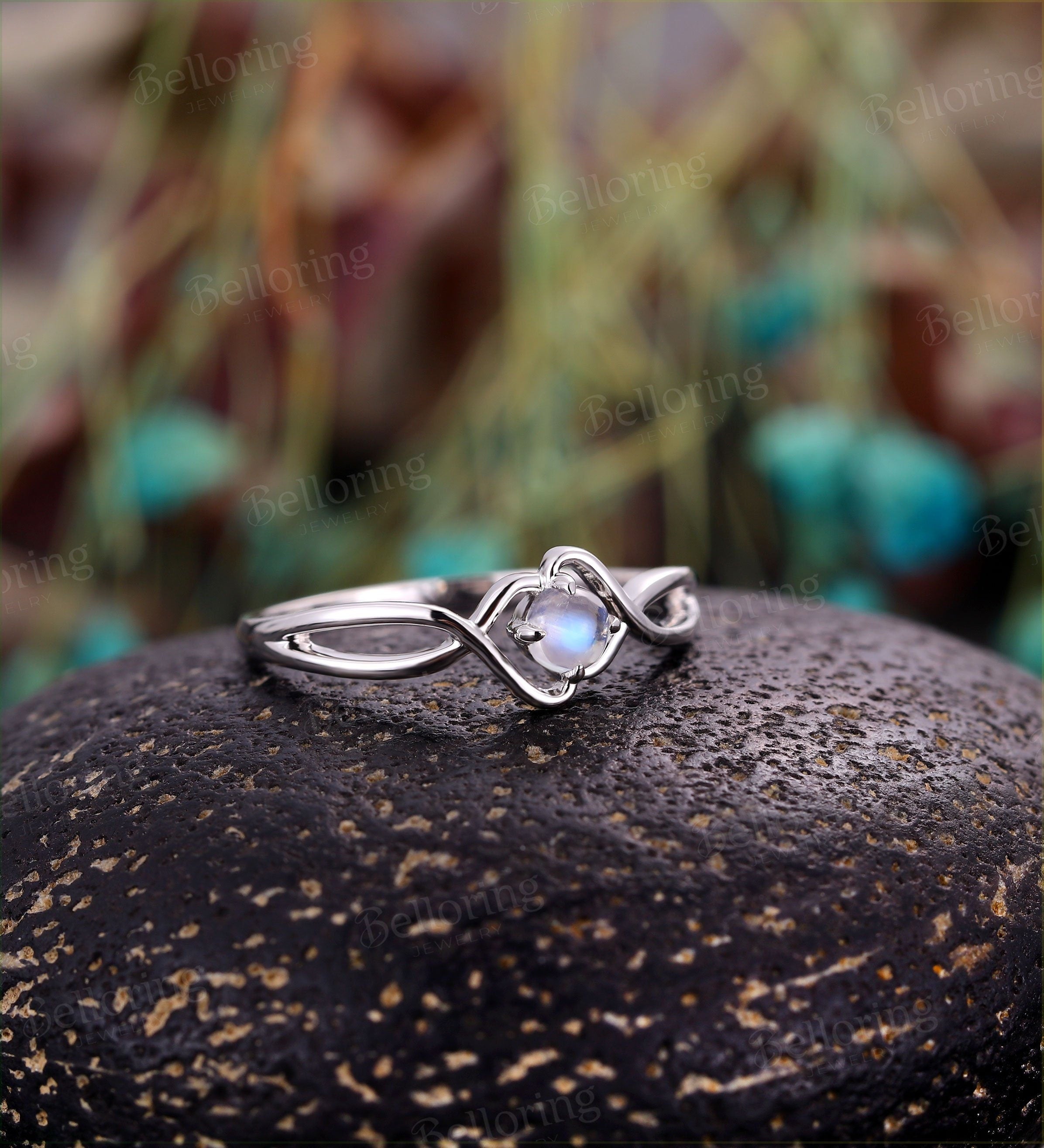 Moonstone engagement ring Vintage white gold Unique wedding infinity ring for  Art deco Jewelry birthstone Anniversary wedding ring