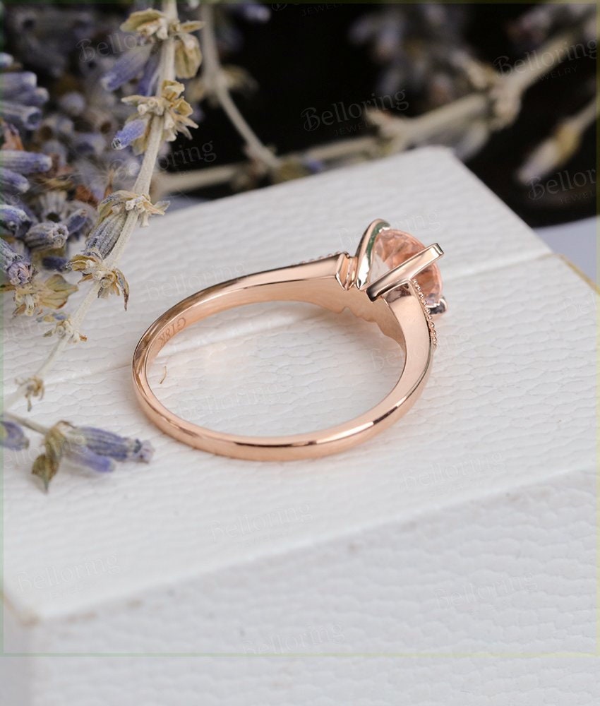 Morganite engagement ring 14k rose gold round cut vintage diamond Wedding  Milgrain Bridal Jewelry  Anniversary promise wedding ring