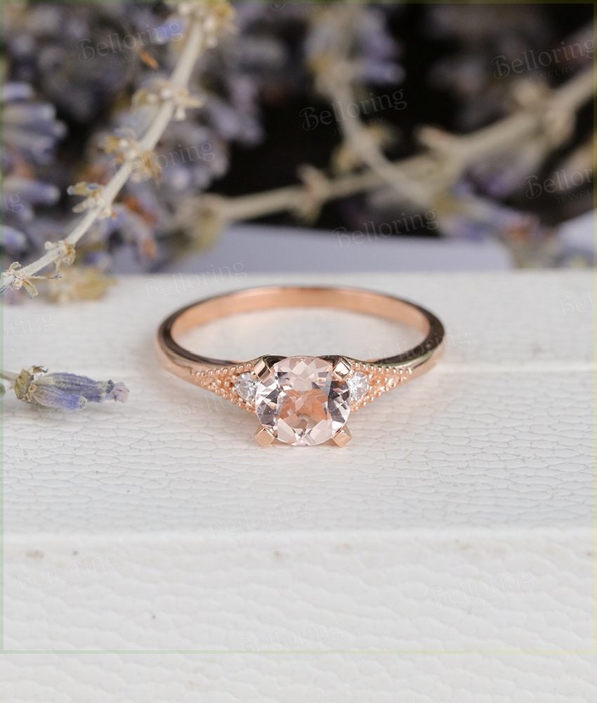 Morganite engagement ring 14k rose gold round cut vintage diamond Wedding  Milgrain Bridal Jewelry  Anniversary promise wedding ring