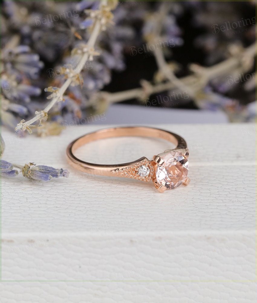 Morganite engagement ring 14k rose gold round cut vintage diamond Wedding  Milgrain Bridal Jewelry  Anniversary promise wedding ring