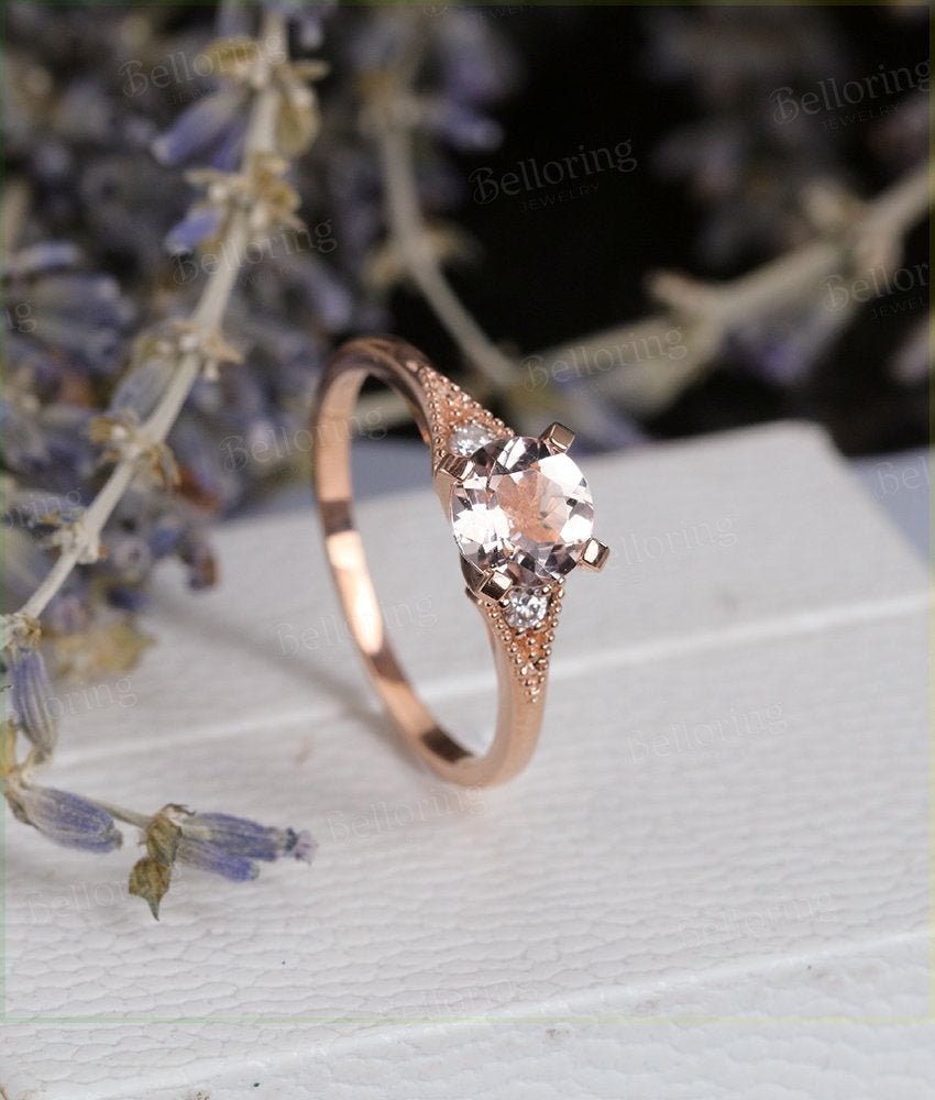 Morganite engagement ring 14k rose gold round cut vintage diamond Wedding  Milgrain Bridal Jewelry  Anniversary promise wedding ring