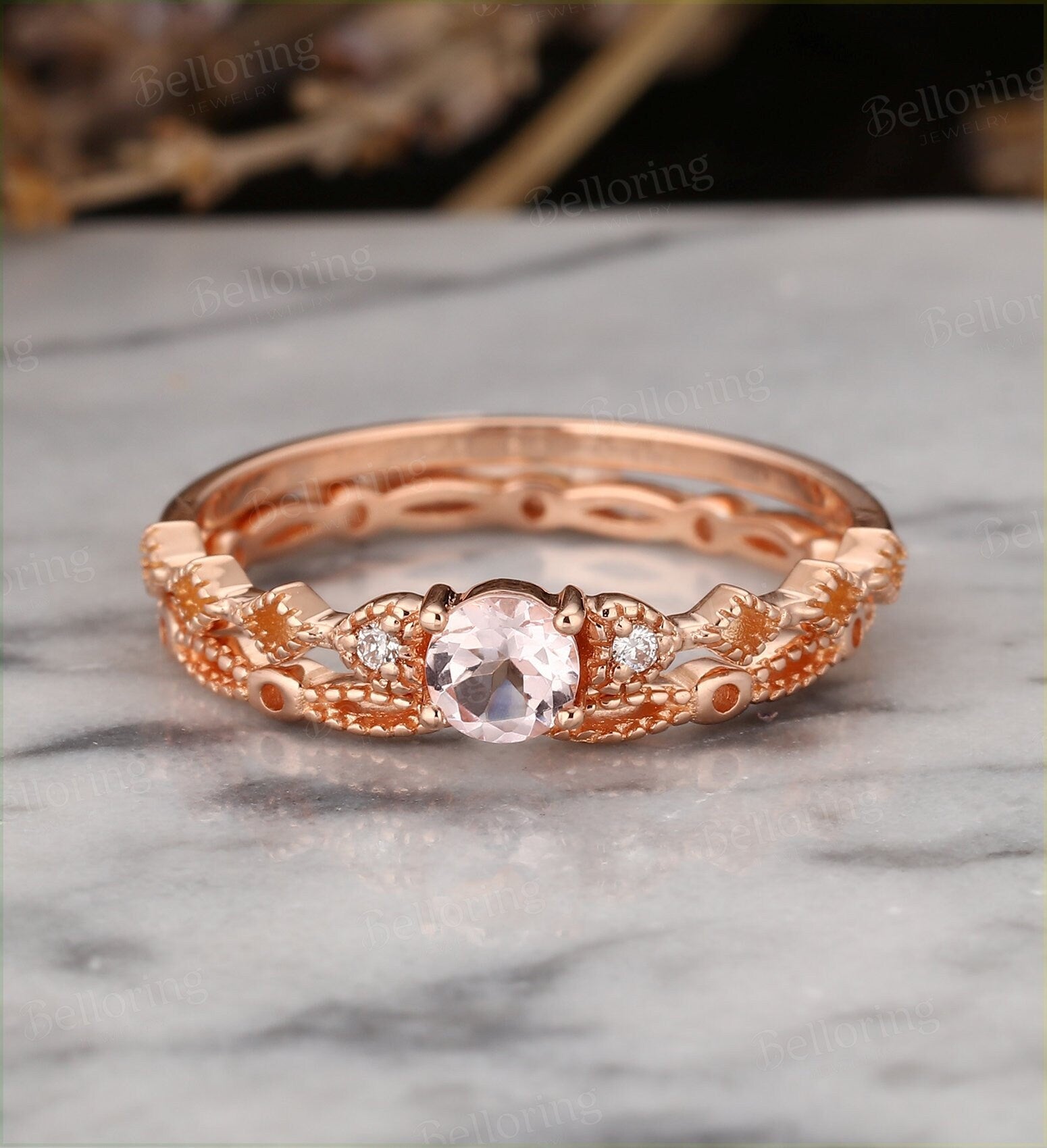 Art deco morganite engagement ring  Vintage diamond rose gold Unique wedding  Bridal Jewelry birthstone Anniversary wedding ring