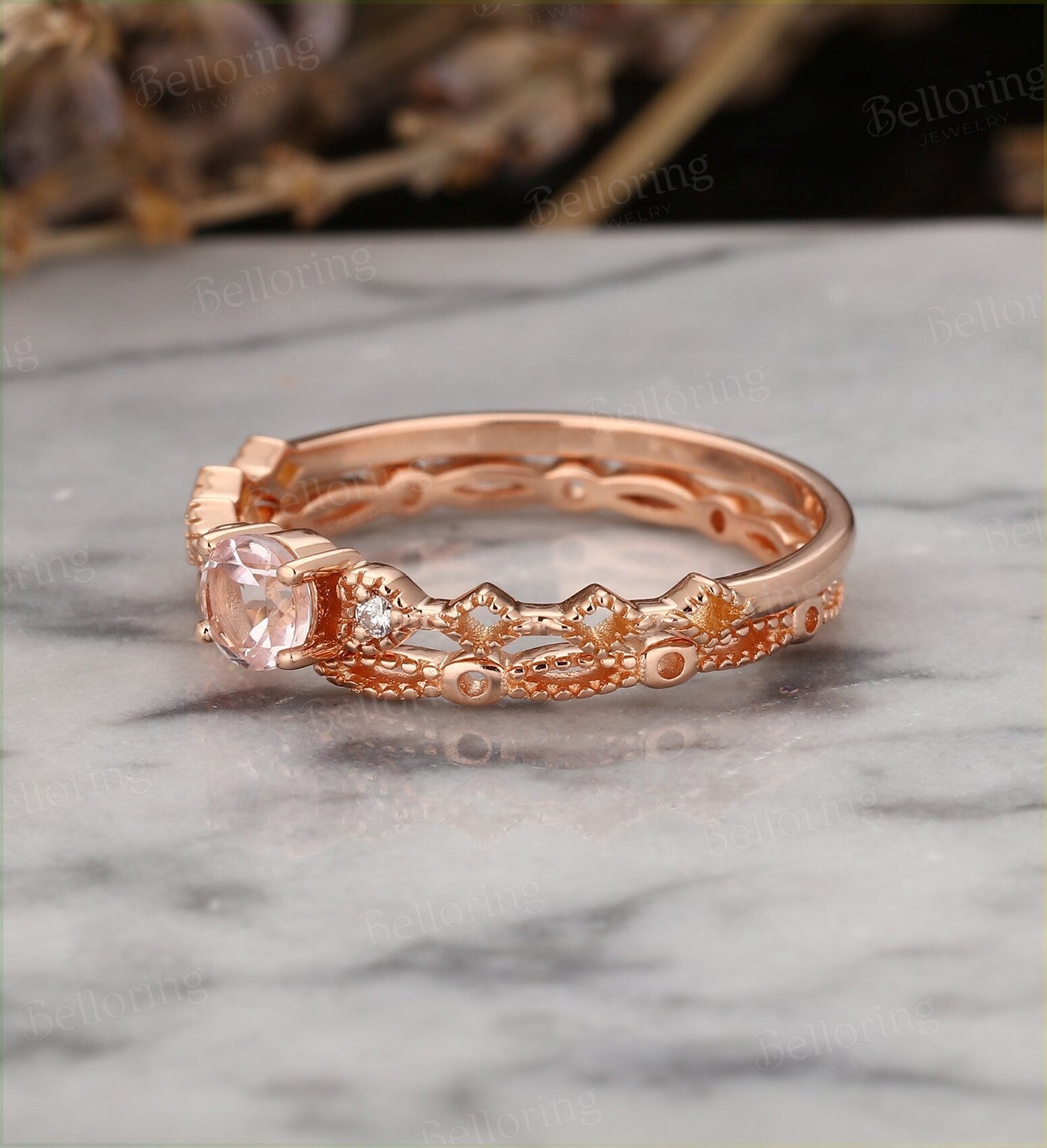 Art deco morganite engagement ring  Vintage diamond rose gold Unique wedding  Bridal Jewelry birthstone Anniversary wedding ring