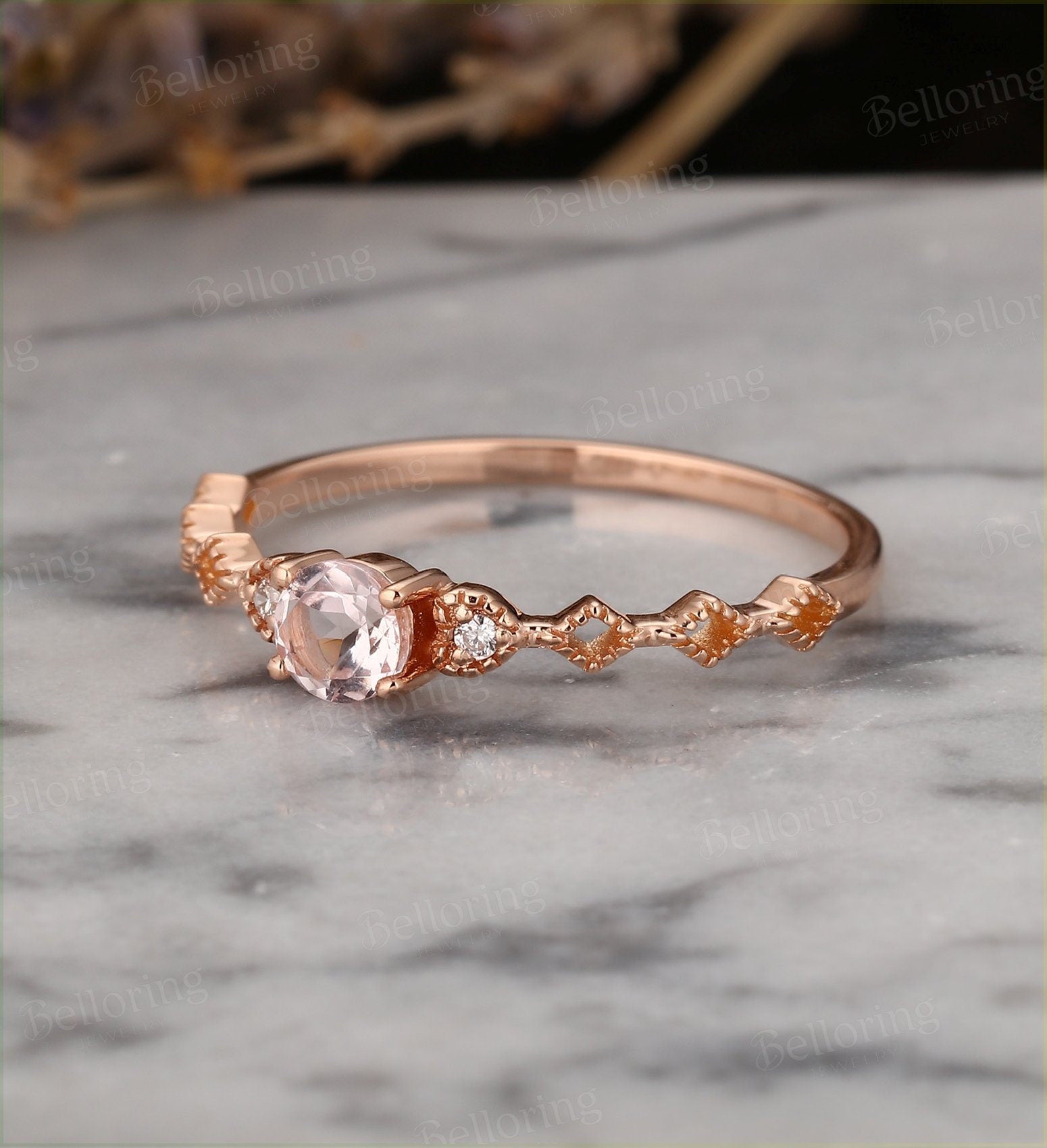 Art deco morganite engagement ring  Vintage diamond rose gold Unique wedding Jewelry milgrain Anniversary wedding ring