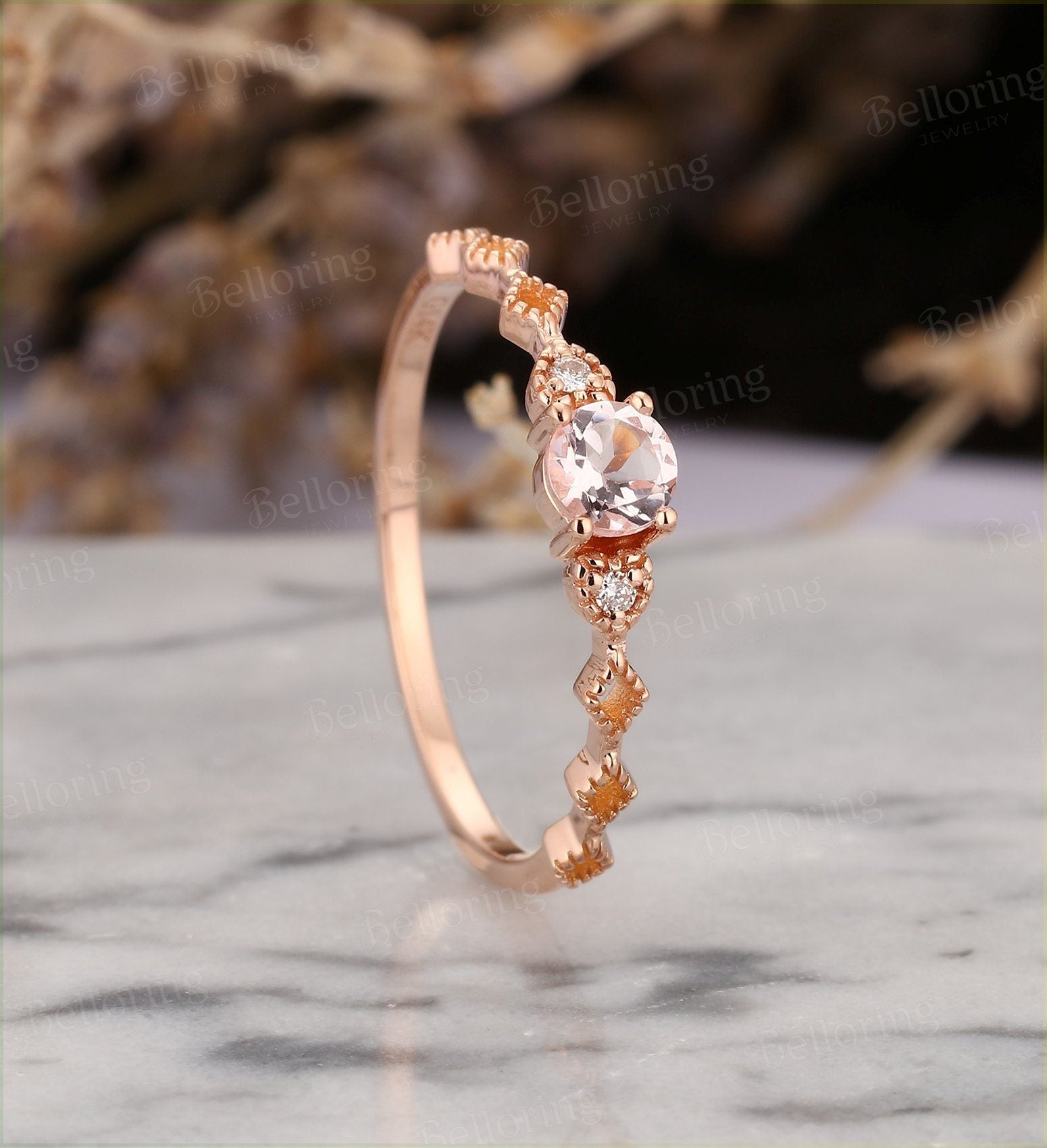 Art deco morganite engagement ring  Vintage diamond rose gold Unique wedding Jewelry milgrain Anniversary wedding ring