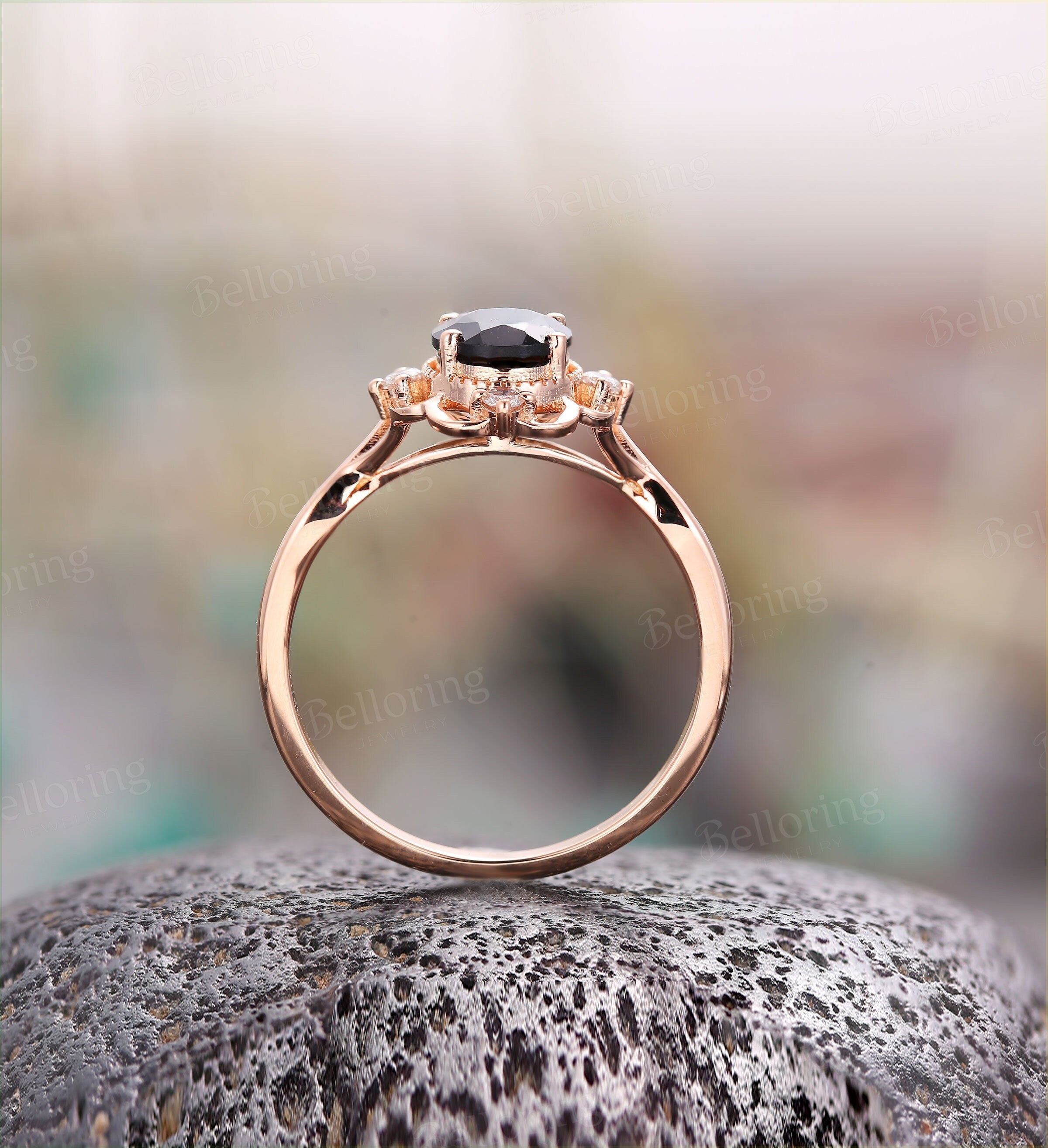 Black Onyx engagement ring vintage Rose gold ring oval cut Antique diamond ring art deco ring Wedding ring unique ring Anniversary ring