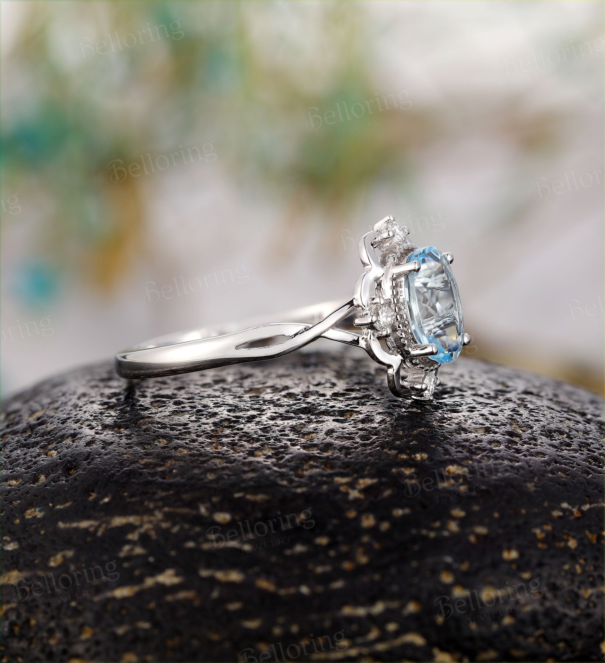 Aquamarine engagement ring vintage white gold  oval cut Antique vintage rings Wedding  Promise ring Anniversary ring for