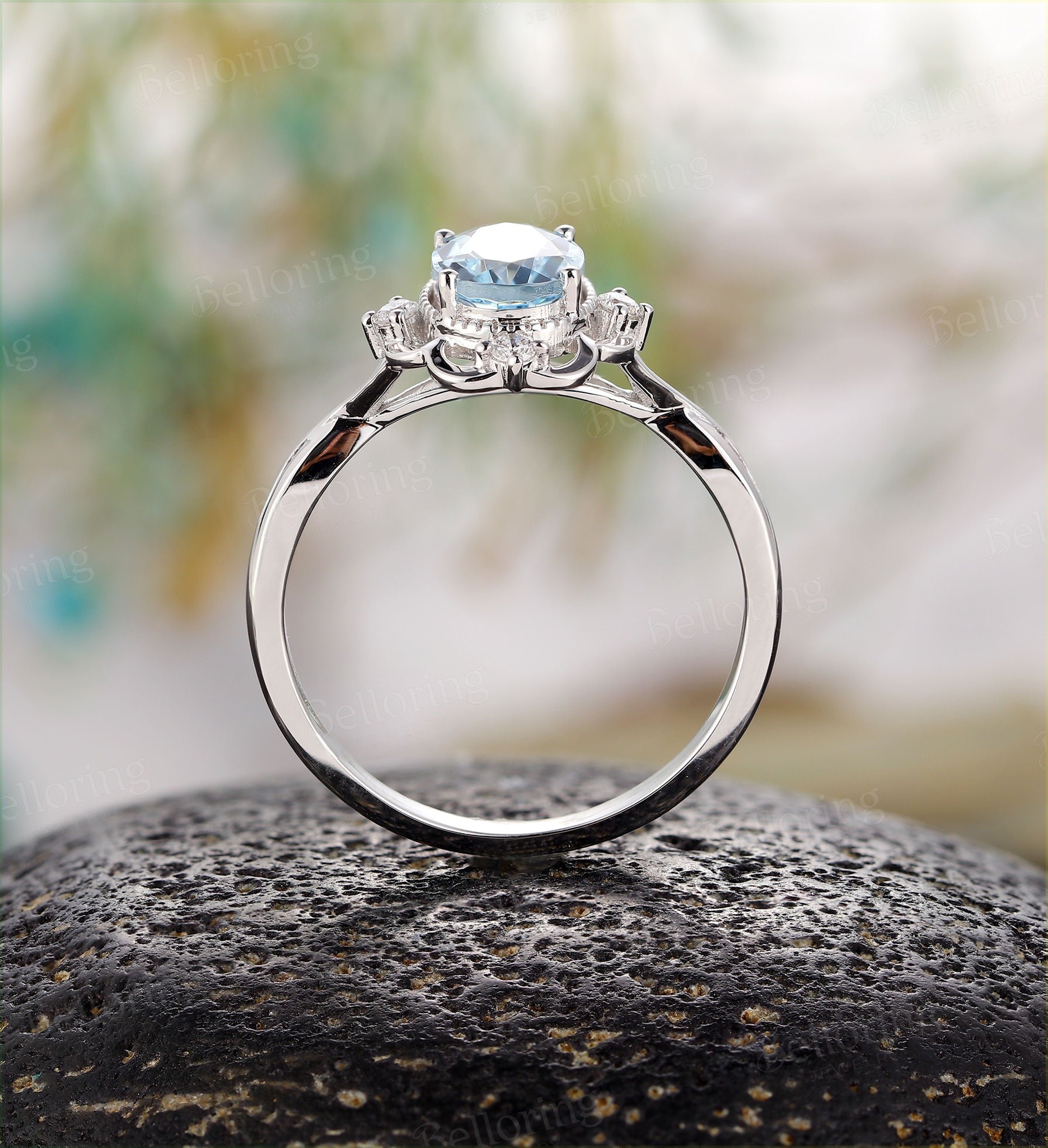 Aquamarine engagement ring vintage white gold  oval cut Antique vintage rings Wedding  Promise ring Anniversary ring for