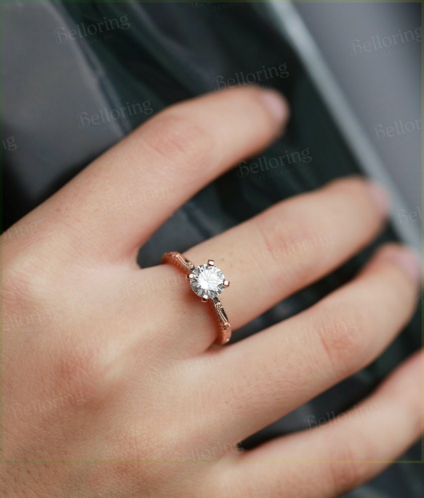 Moissanite engagement ring Vintage  Solitaire set white gold round cut Art deco Unique wedding Jewelry promise Anniversary wedding ring