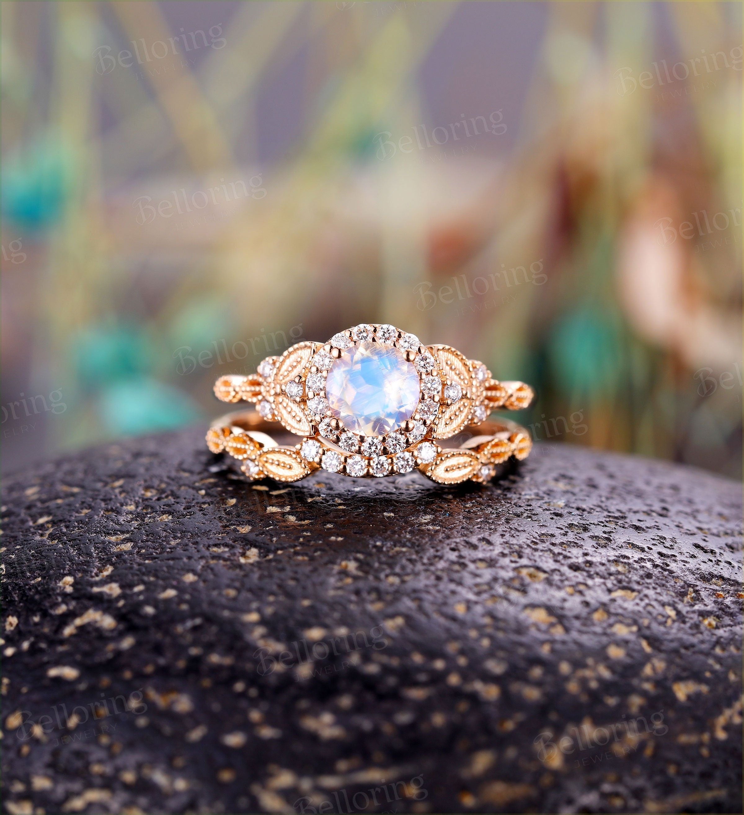 Art deco Moonstone Engagement Ring  rose Gold vintage round cut Milgrain diamond wedding ring  Promise Anniversary wedding ring