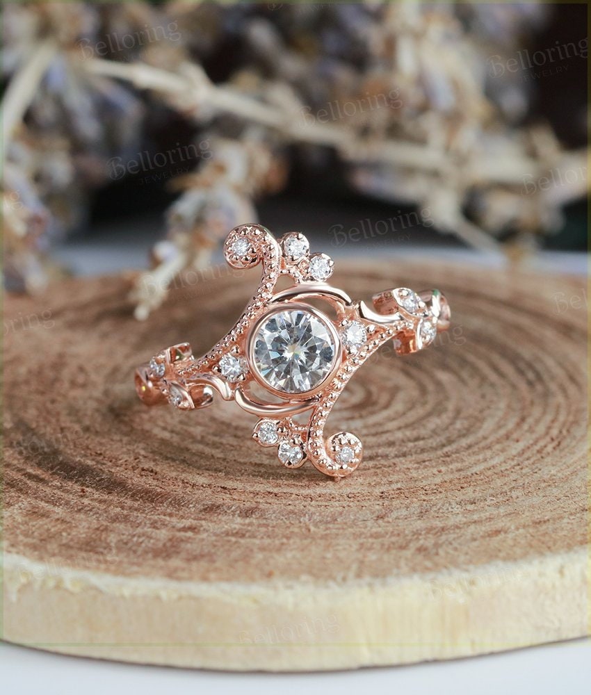 Moissanite engagement ring Vintage  rose gold round cut diamond Art deco  wedding Jewelry antique promise Anniversary wedding ring