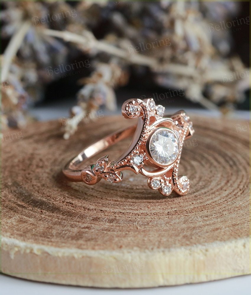 Moissanite engagement ring Vintage  rose gold round cut diamond Art deco  wedding Jewelry antique promise Anniversary wedding ring