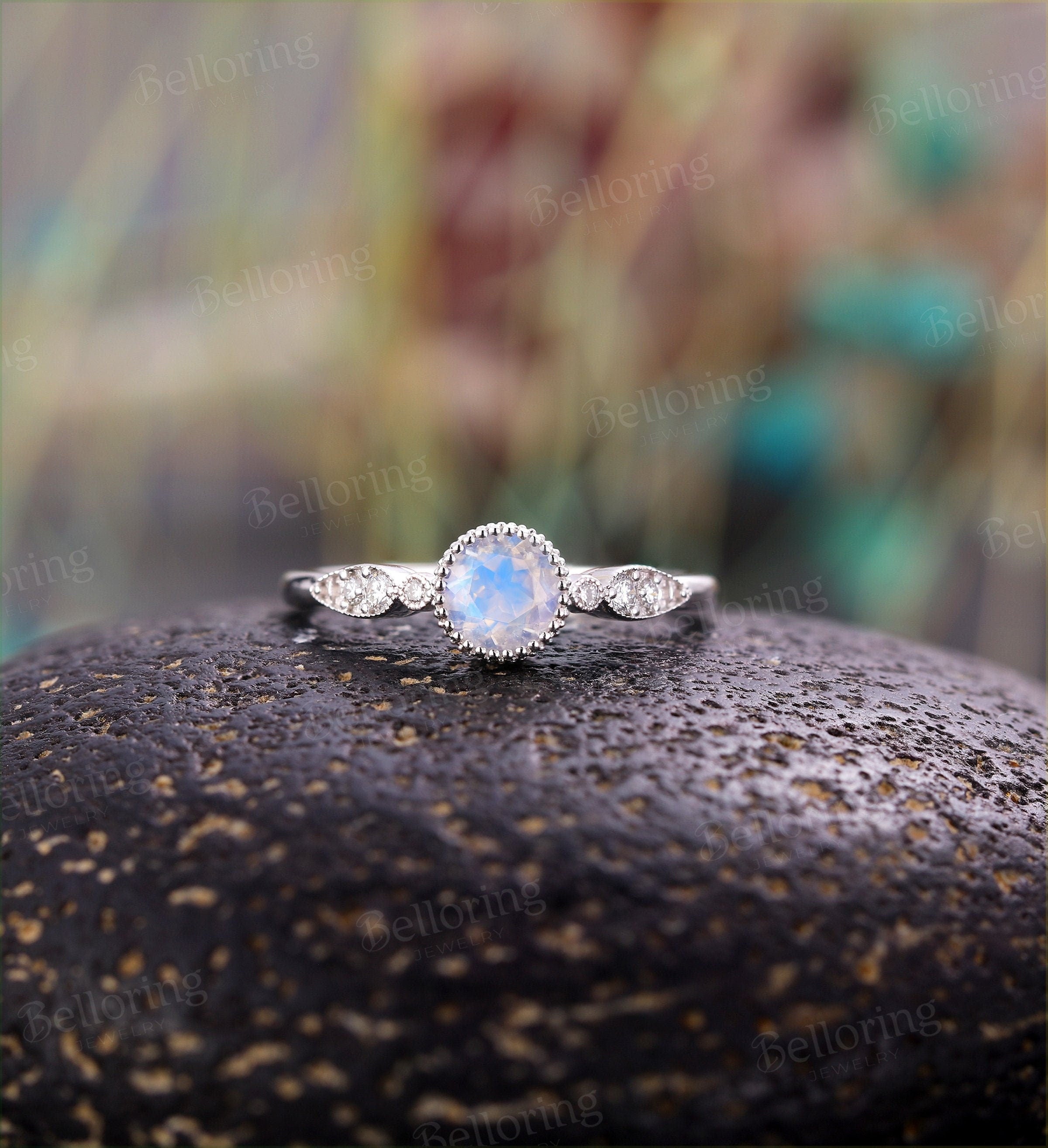 White Gold Moonstone Engagement Ring Set - MollyJewelryUS