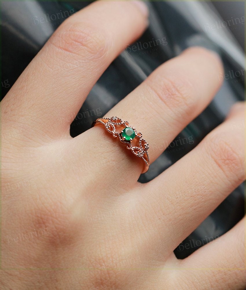 Emerald Engagement Ring  rose Gold wedding vintage round cut Art Deco unique diamond ring  Promise Anniversary wedding ring