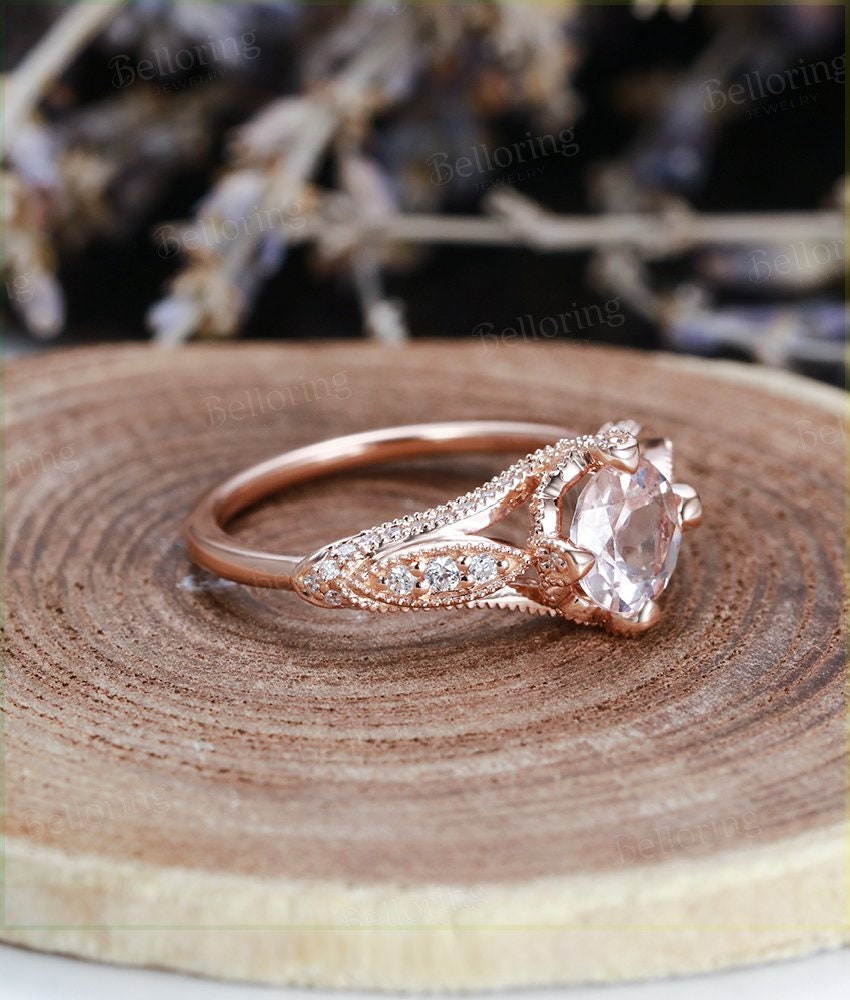 Morganite engagement ring Vintage rose gold Art deco round cut Unique moissanite Wedding Bridal set promise Anniversary gift for