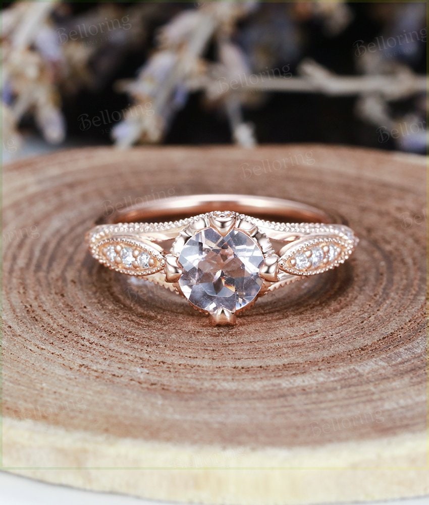 Morganite engagement ring Vintage rose gold Art deco round cut Unique moissanite Wedding Bridal set promise Anniversary gift for