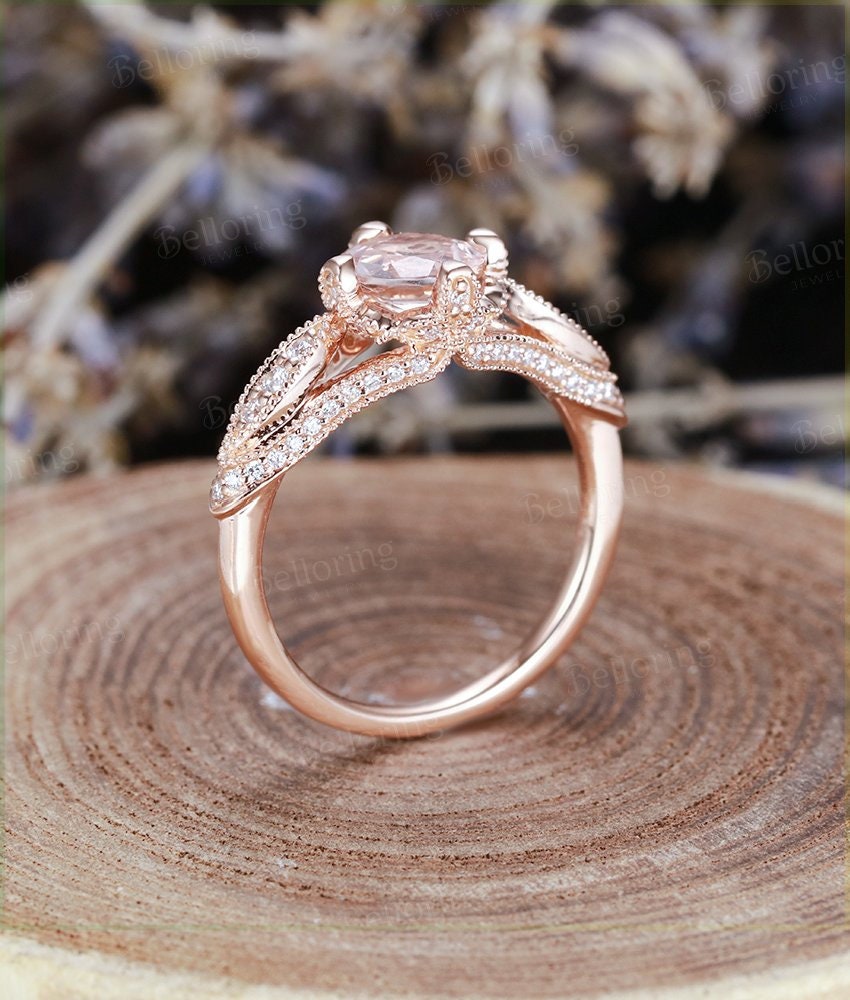 Morganite engagement ring Vintage rose gold Art deco round cut Unique moissanite Wedding Bridal set promise Anniversary gift for