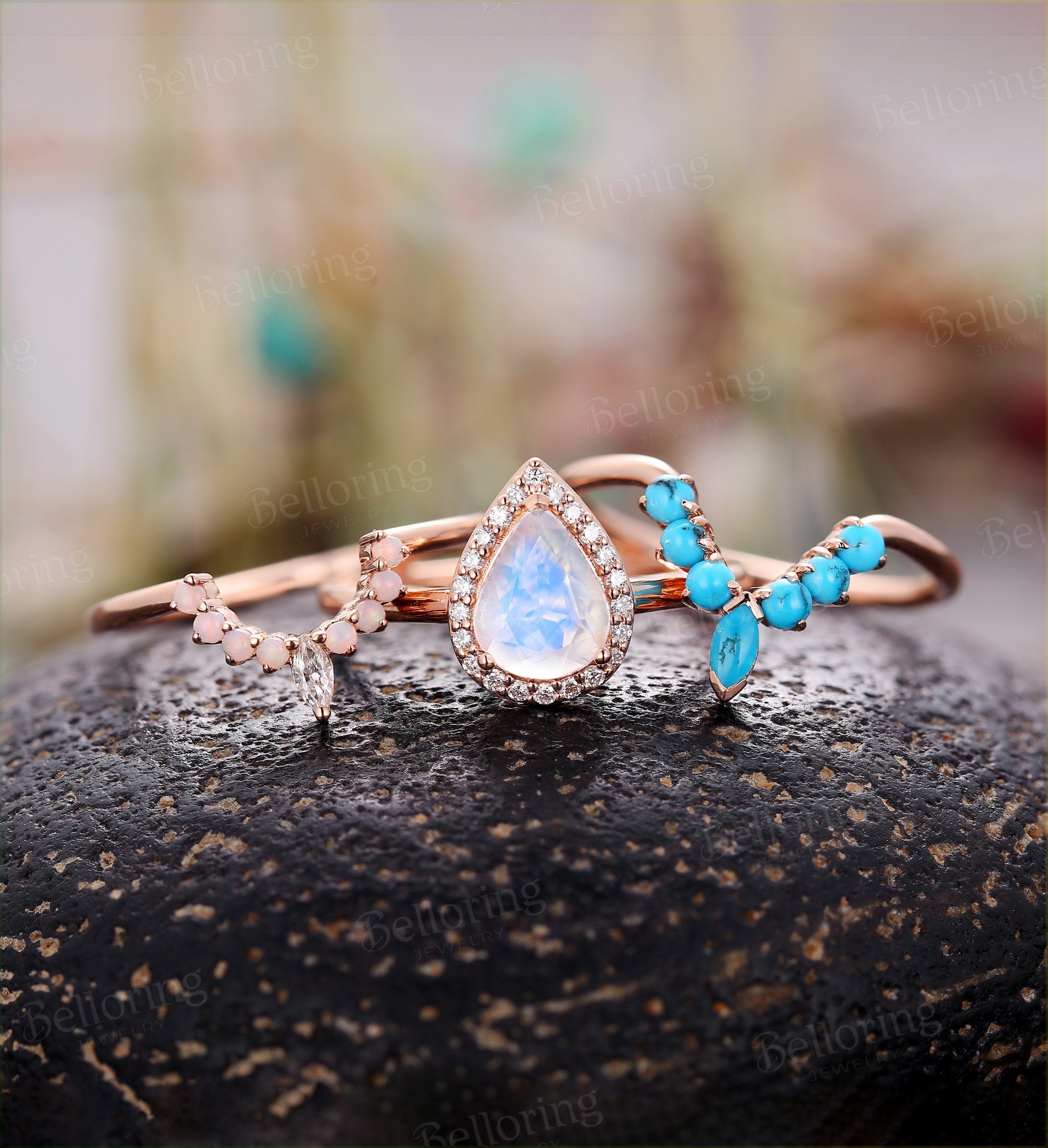 Moonstone engagement ring set  Rose gold pear cut vintage diamond and opal curved band turquoise Wedding band promise ring bridal set